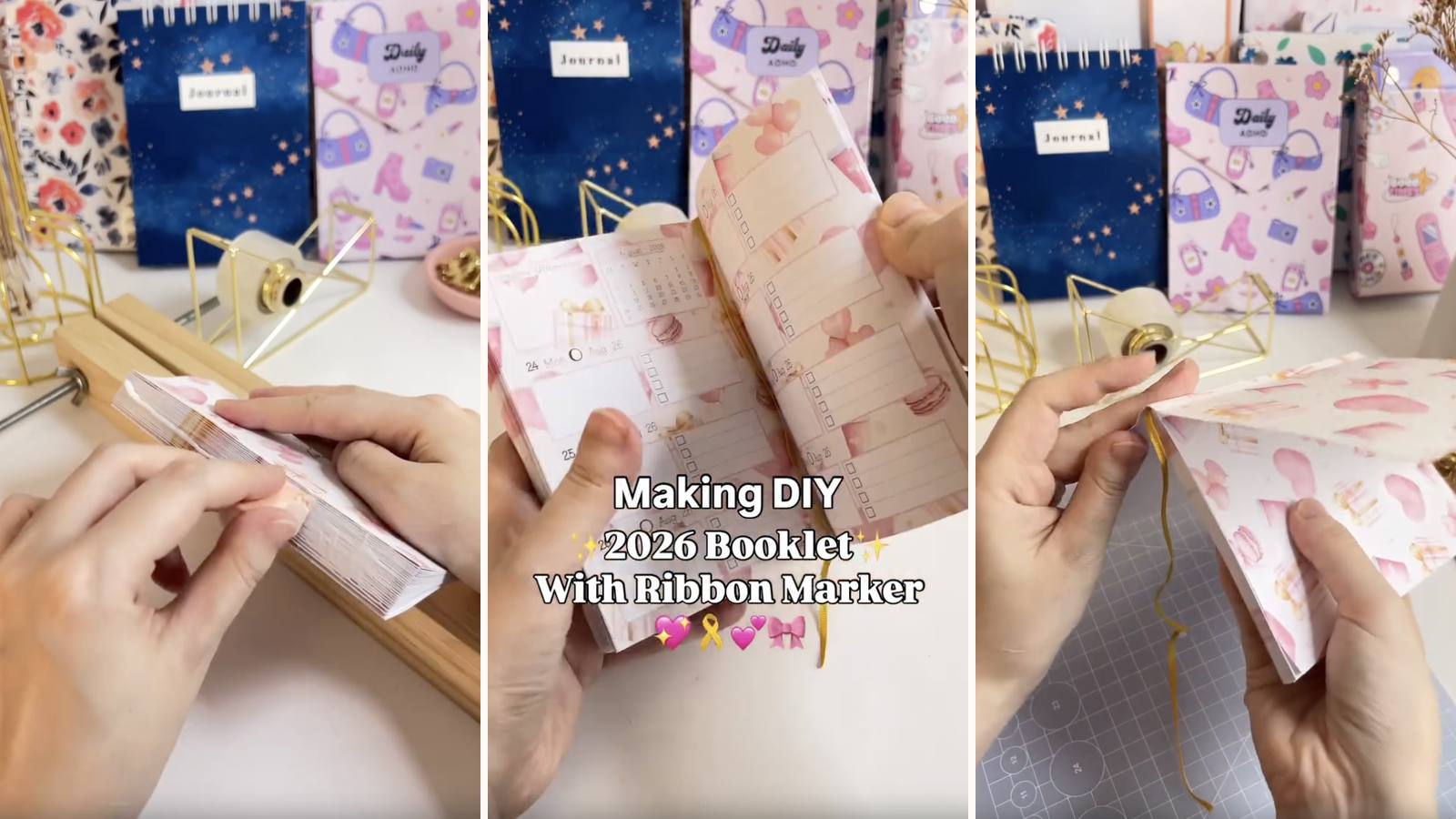 Making a DIY planner booklet: the build in progress, the project title, and the finished PVA-bound booklet in its soft printed cover.