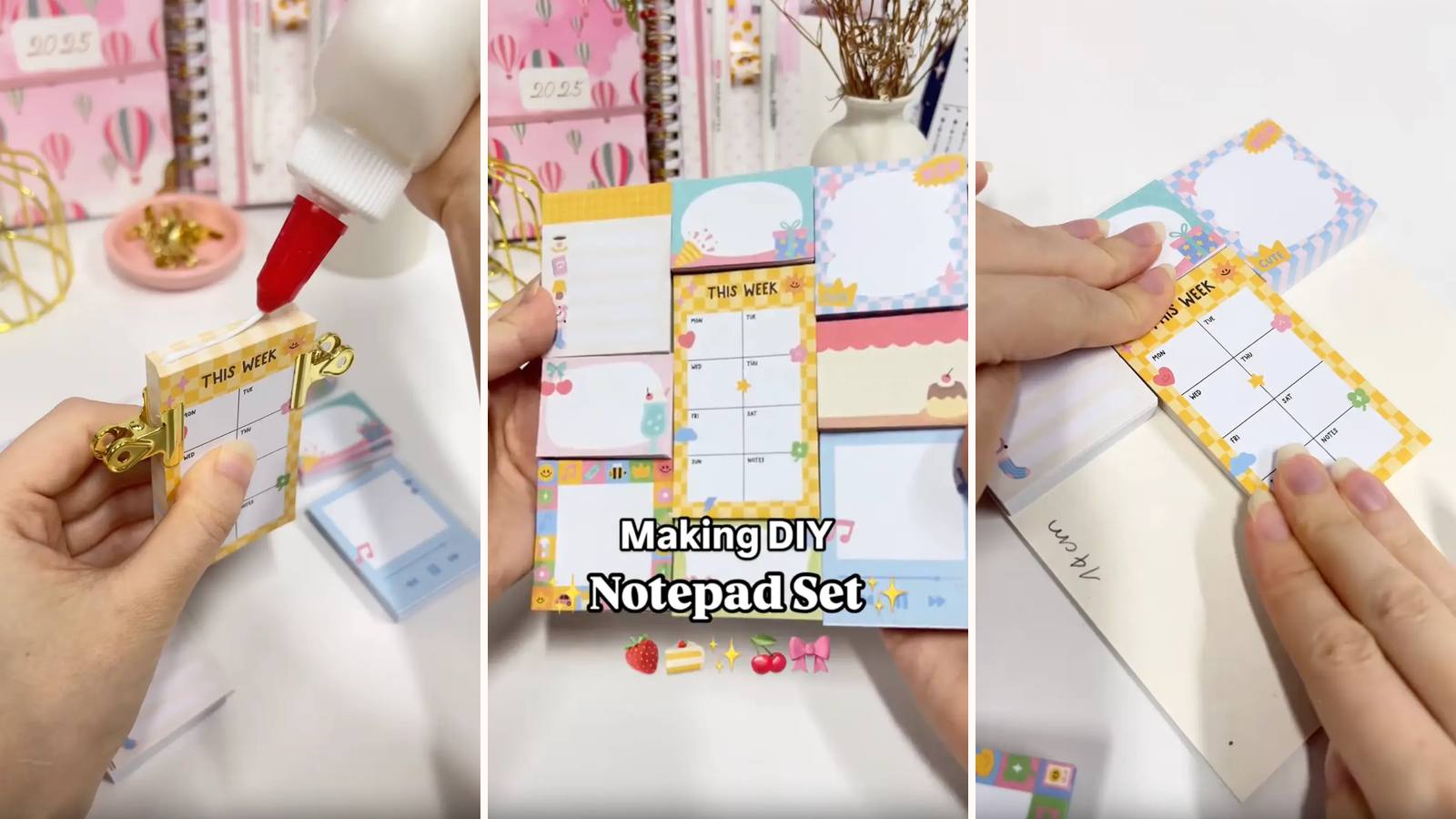 Making a DIY notepad set: the build in progress, the project title, and the finished nine mini notepads arranged on a chipboard base.