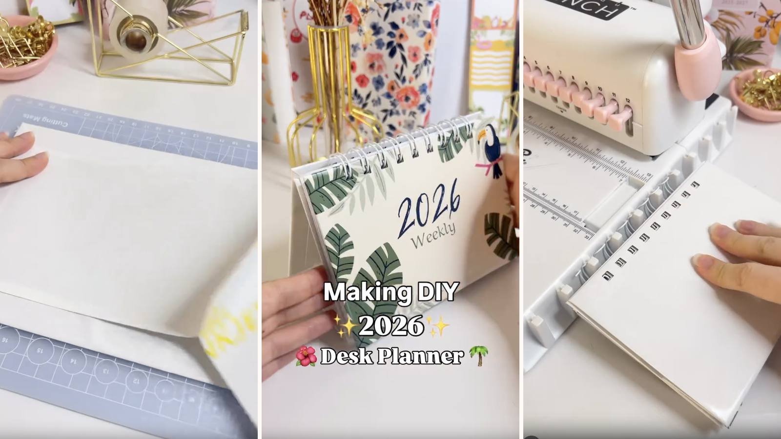 Making a DIY 2026 desk planner: the build in progress, the project title, and the finished wire-bound planner standing on its folded back cover.