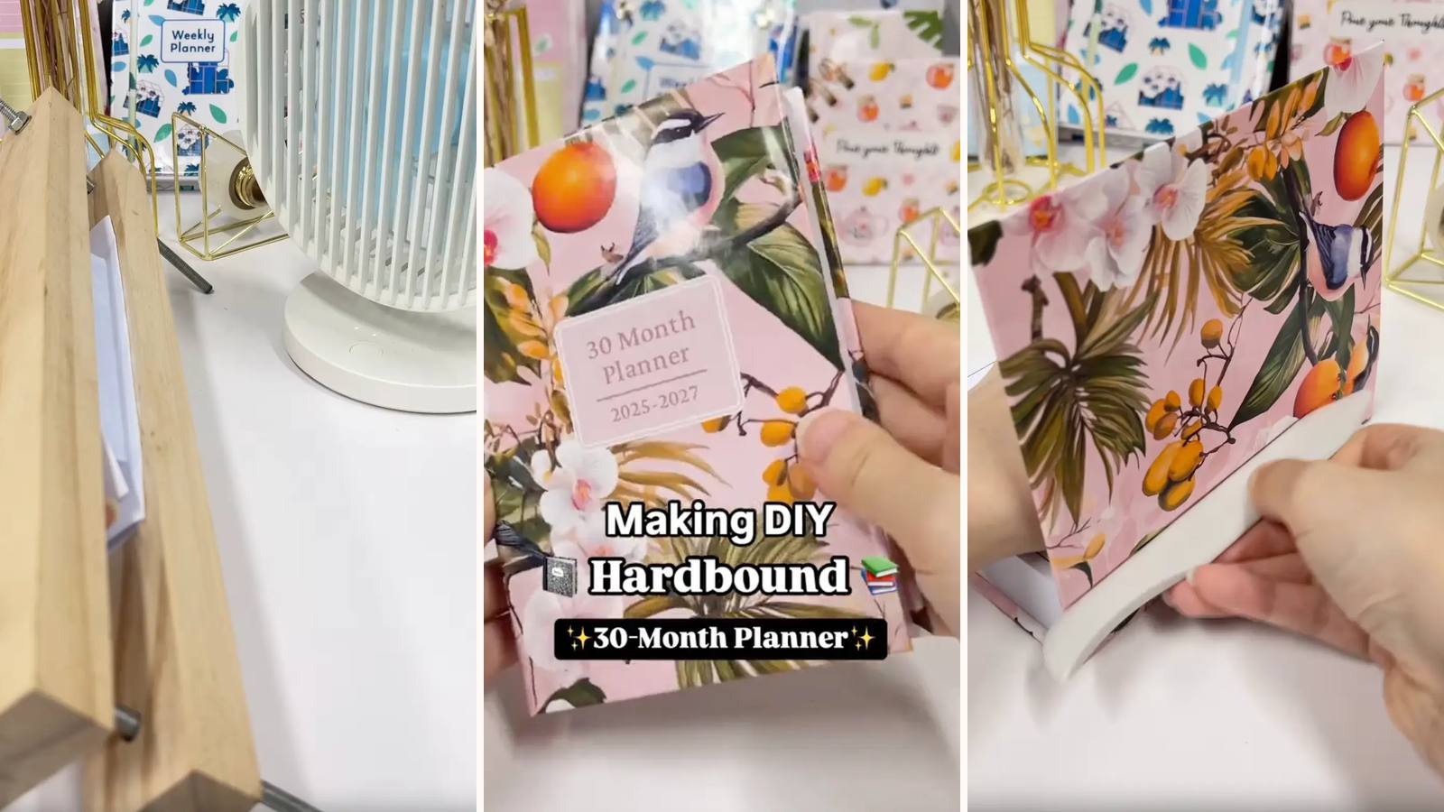 Making a DIY hardbound planner: the build in progress, the project title, and the finished 30-month planner in its hard cover.