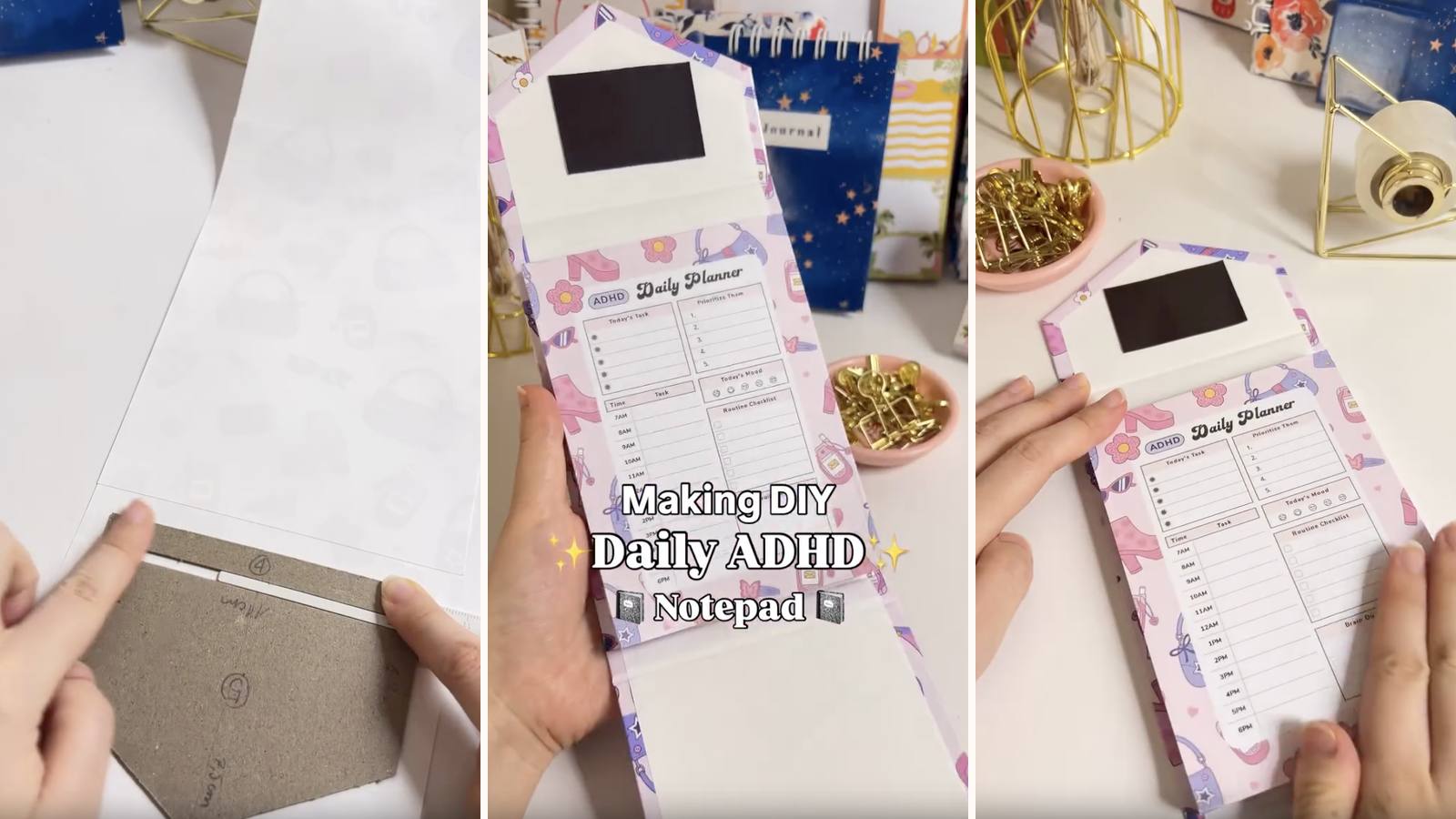 Making a DIY daily ADHD notepad: the build in progress, the project title, and the finished pad in its magnetic folding chipboard cover.