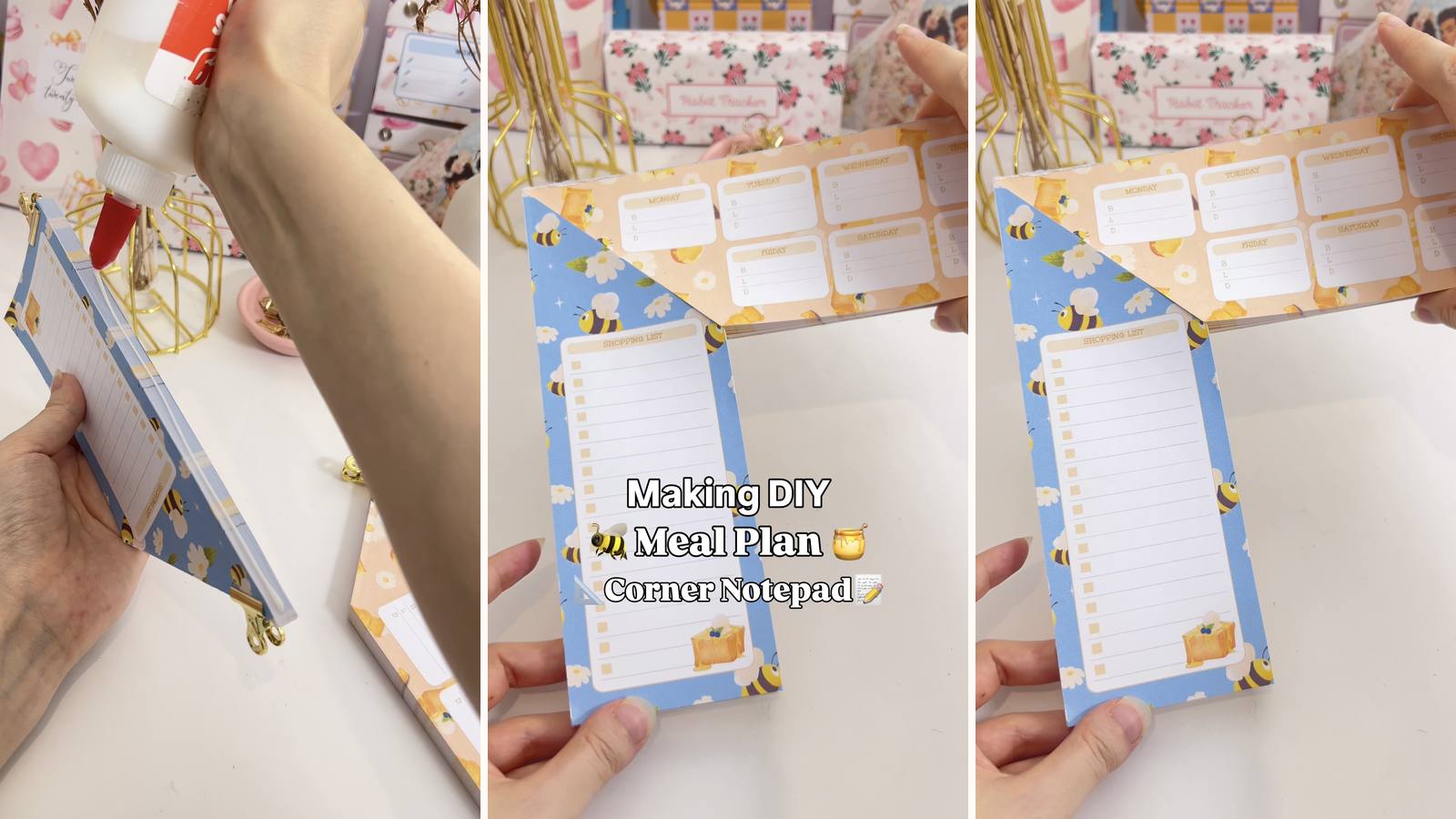 Making a DIY meal plan corner notepad: the build in progress, the project title, and the finished pads on their folding chipboard base.