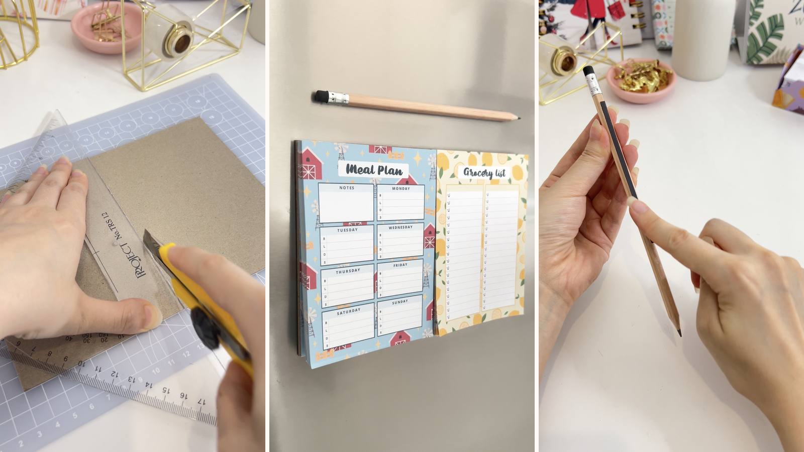Making a DIY magnetic fridge notepad: the build in progress, the project title, and the finished meal planner and grocery list on a fridge door.