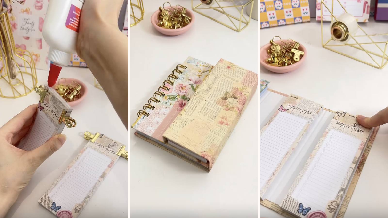Making a DIY wingfold journal: the build in progress, the project title, and the finished wire-bound journal with its folding side notepads.