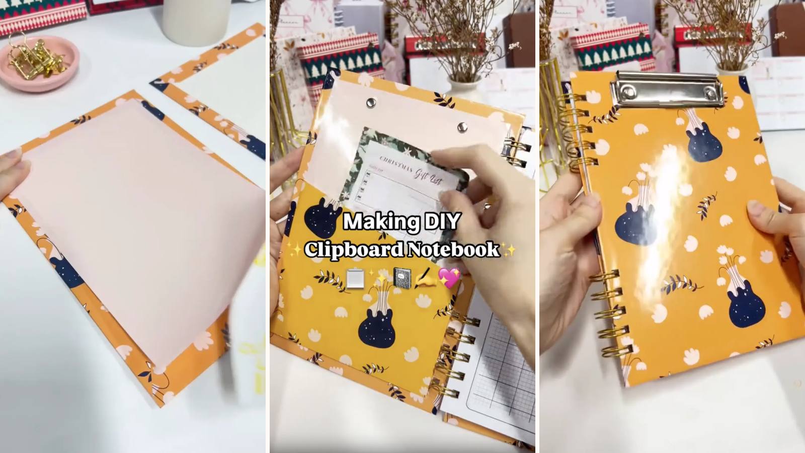 Making a DIY clipboard notebook: the build in progress, the project title, and the finished wire-bound notebook with a clip on the cover.