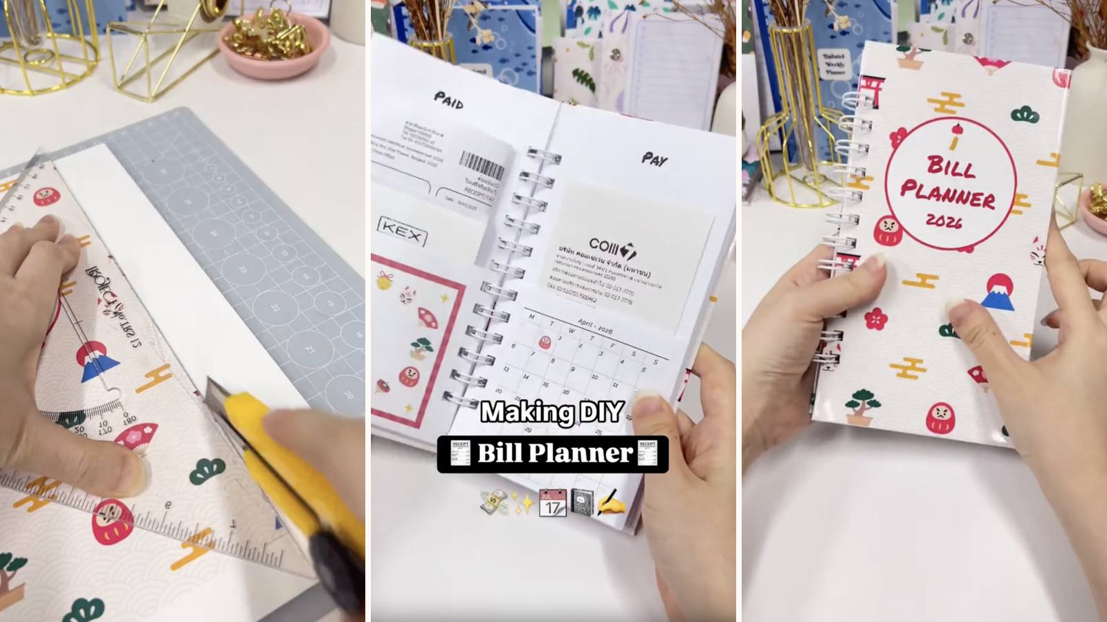 Making a DIY bill planner: the build in progress, the project title, and the finished 12-month organizer with wire binding and pocket pages.