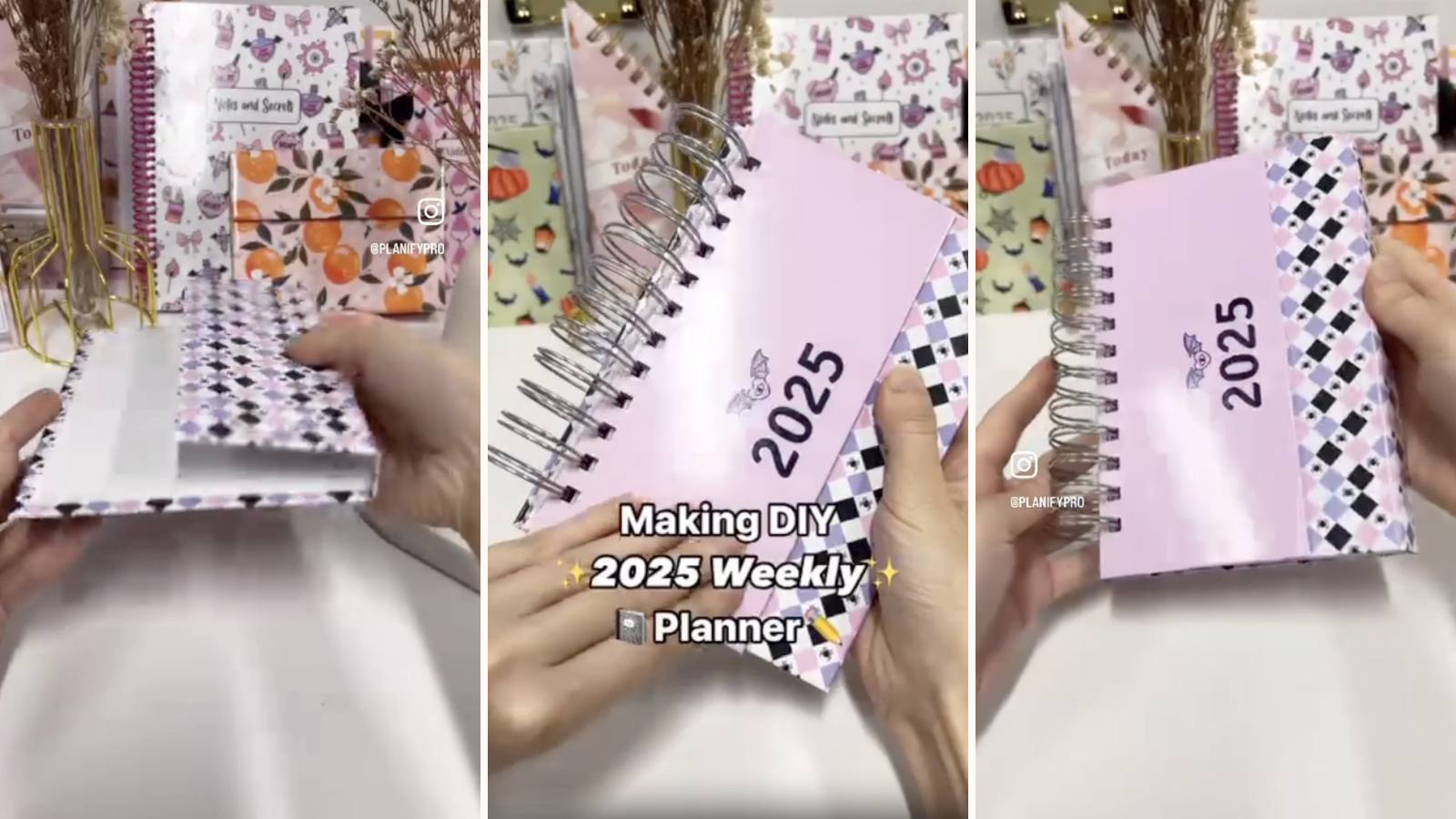Making a DIY weekly planner: the build in progress, the project title, and the finished wire-bound planner with its magnetic flap closure.