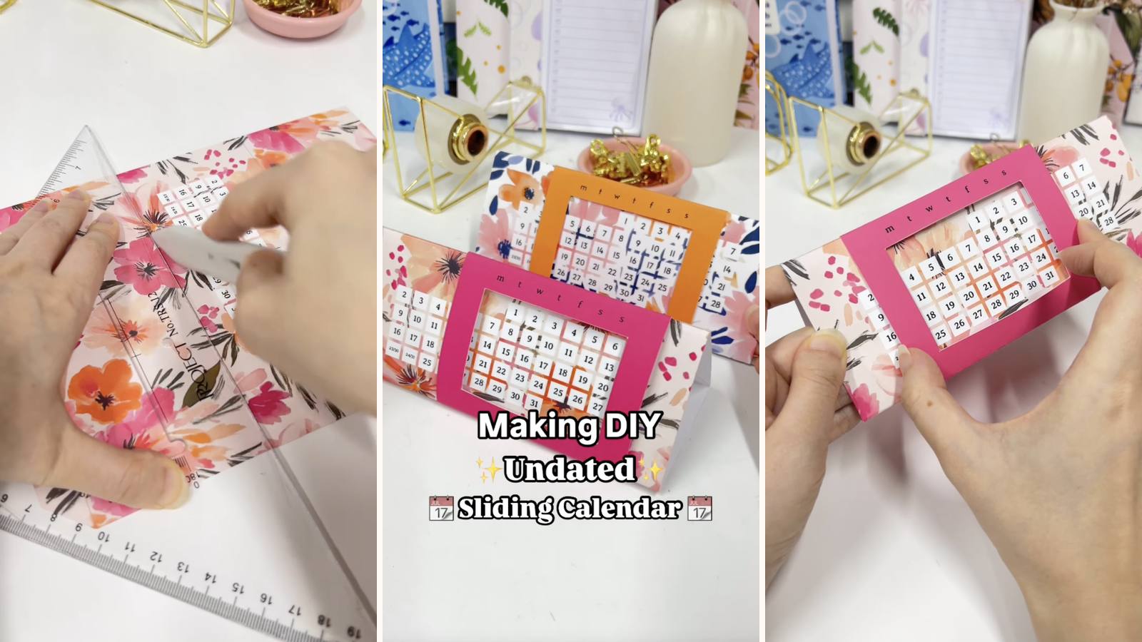 Making a DIY sliding calendar: the build in progress, the project title, and the finished cardstock triangles standing as an adjustable desk calendar.