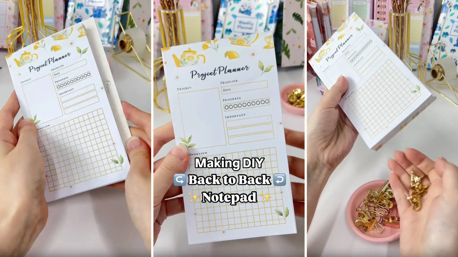Making a DIY back to back notepad: the build in progress, the project title, and the finished double-sided pad with a planner on one face.