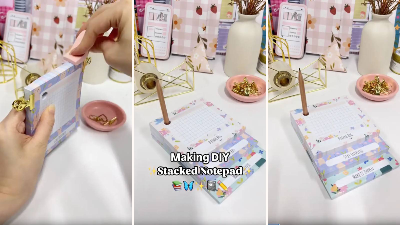 Making a DIY stacked notepad: the build in progress, the project title, and the finished three-layer pad on one chipboard backing.