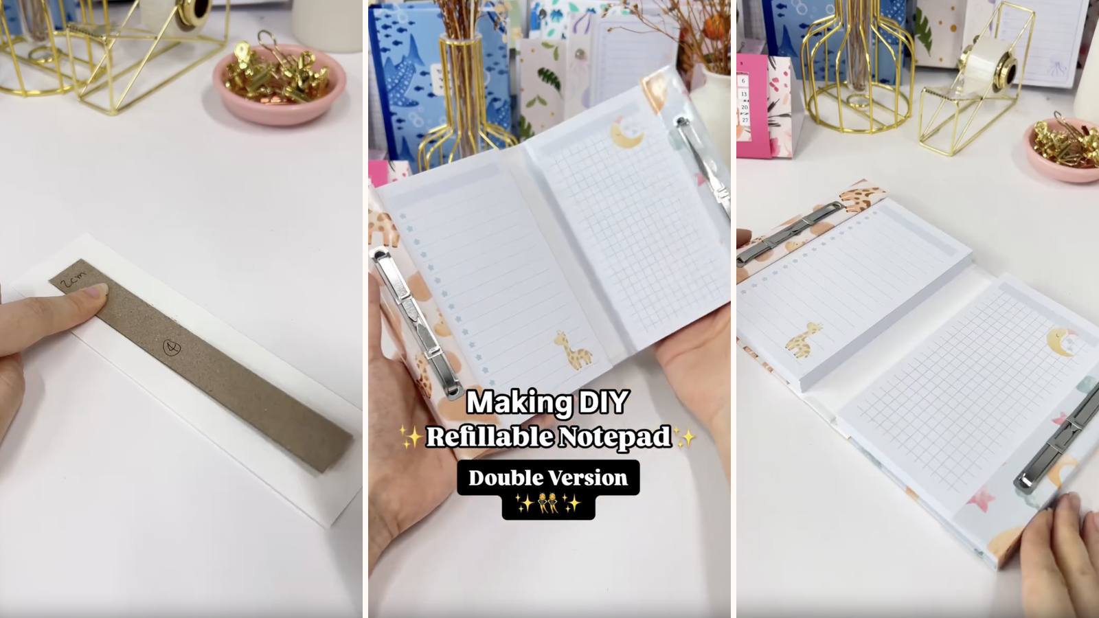 Making a DIY double refillable notepad: the build in progress, the project title, and the finished two-section pad open on its hinge.