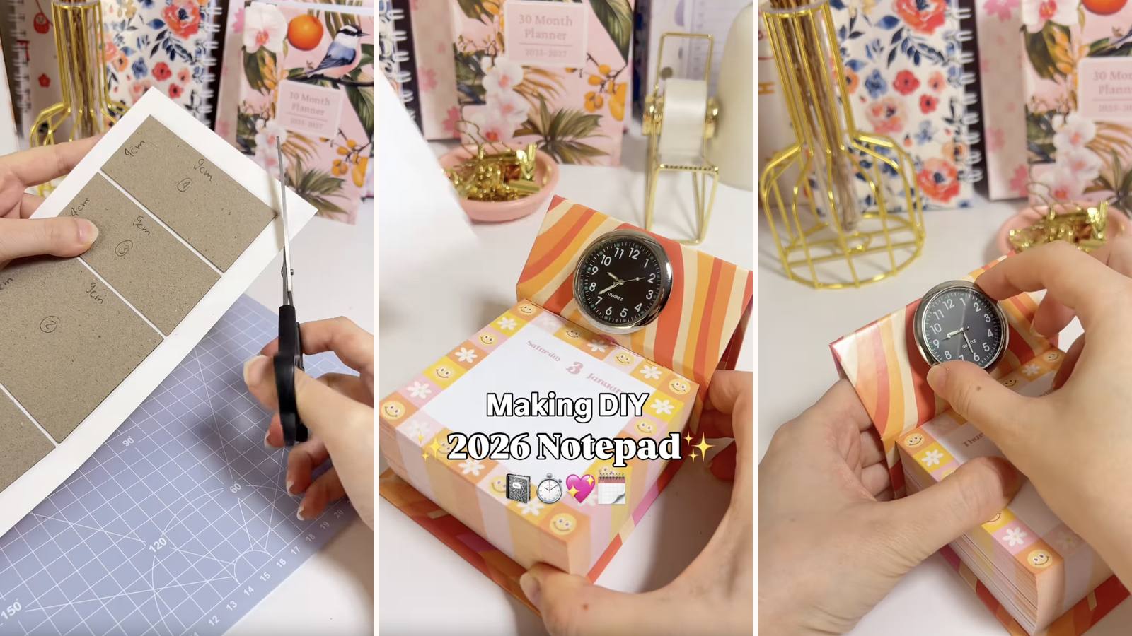 Making a DIY notepad with a cover: the build in progress, the project title, and the finished pad inside its four-panel folding chipboard case.
