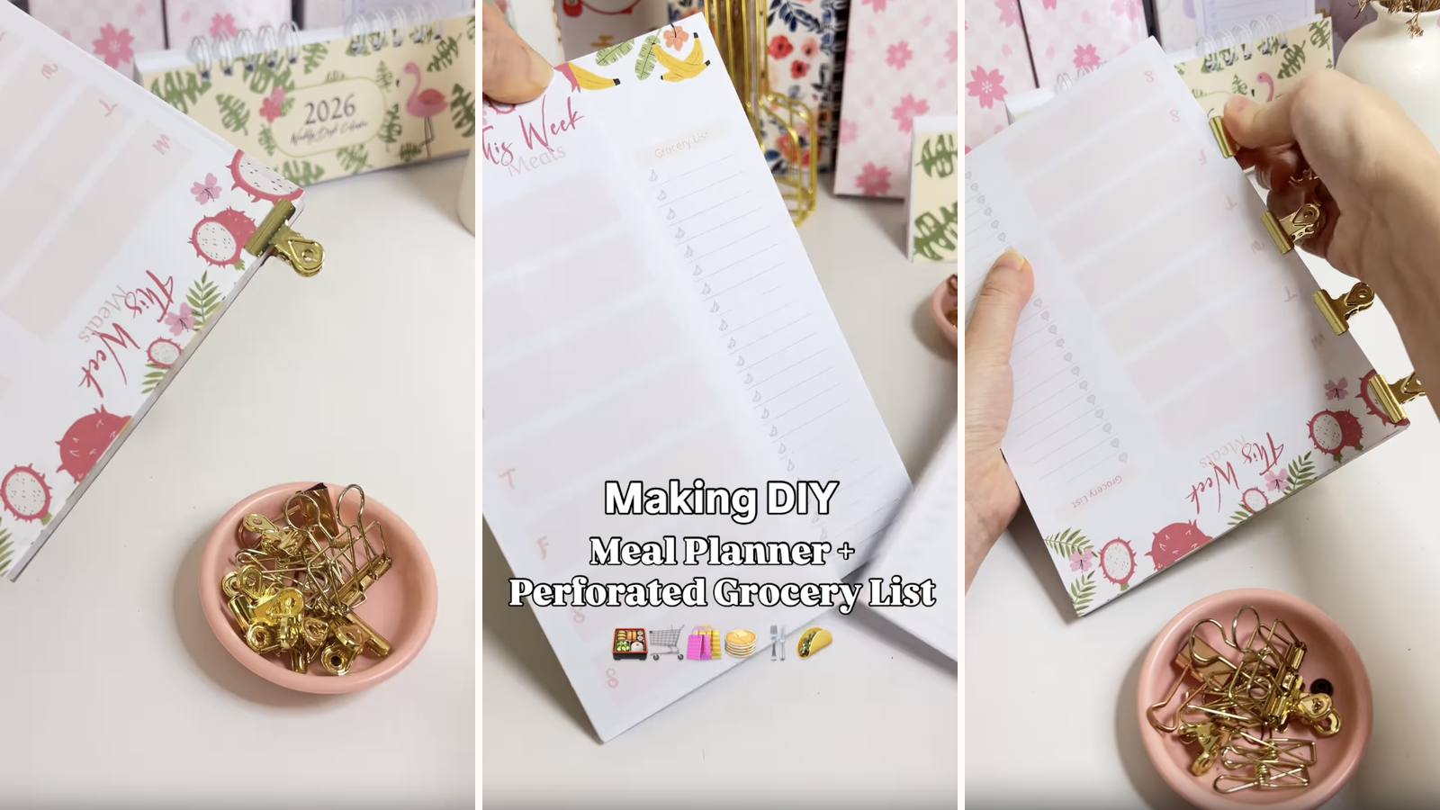 Making a DIY meal planner notepad: the build in progress, the project title, and the finished pad with its perforated tear-off grocery list.
