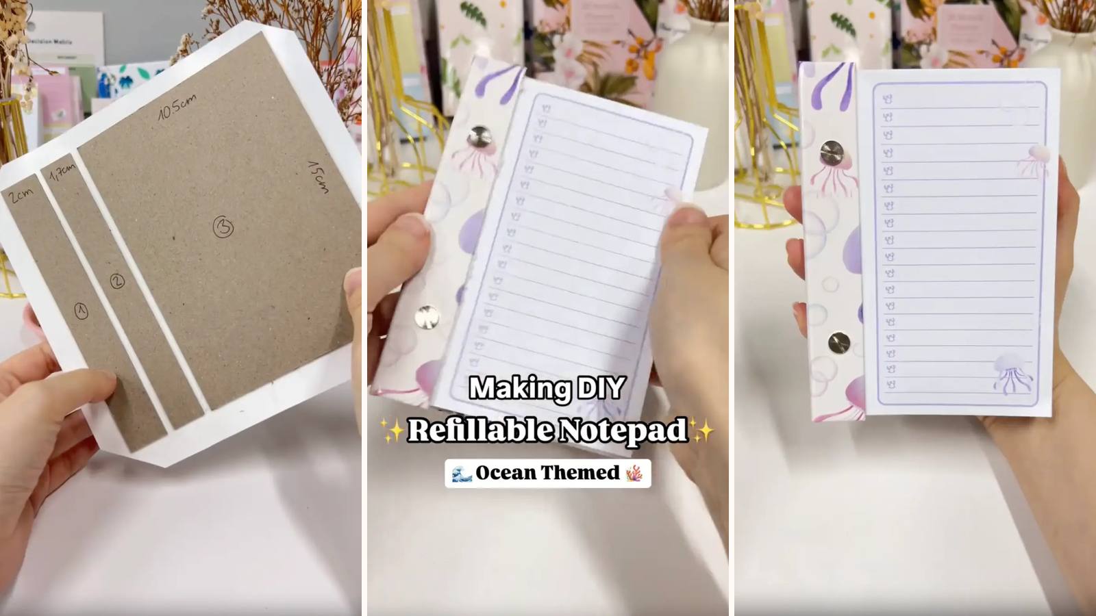 Making a DIY refillable notepad: the build in progress, the project title, and the finished pad in a chipboard cover bound with Chicago screws.