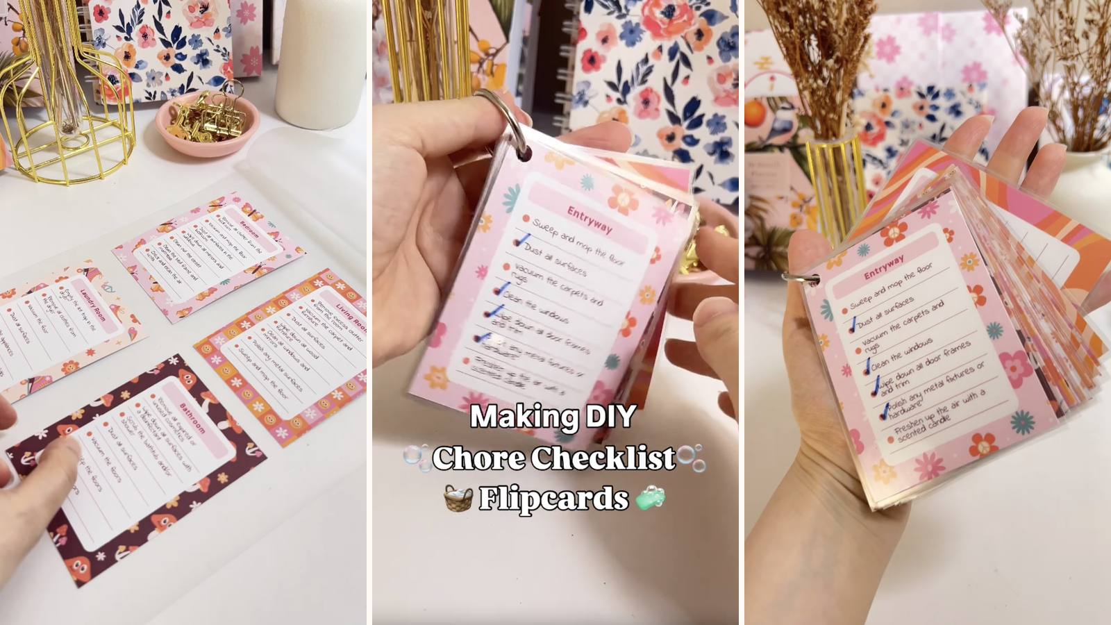 Making DIY chore checklist flipcards: the build in progress, the project title, and the finished laminated cards held on a ring.