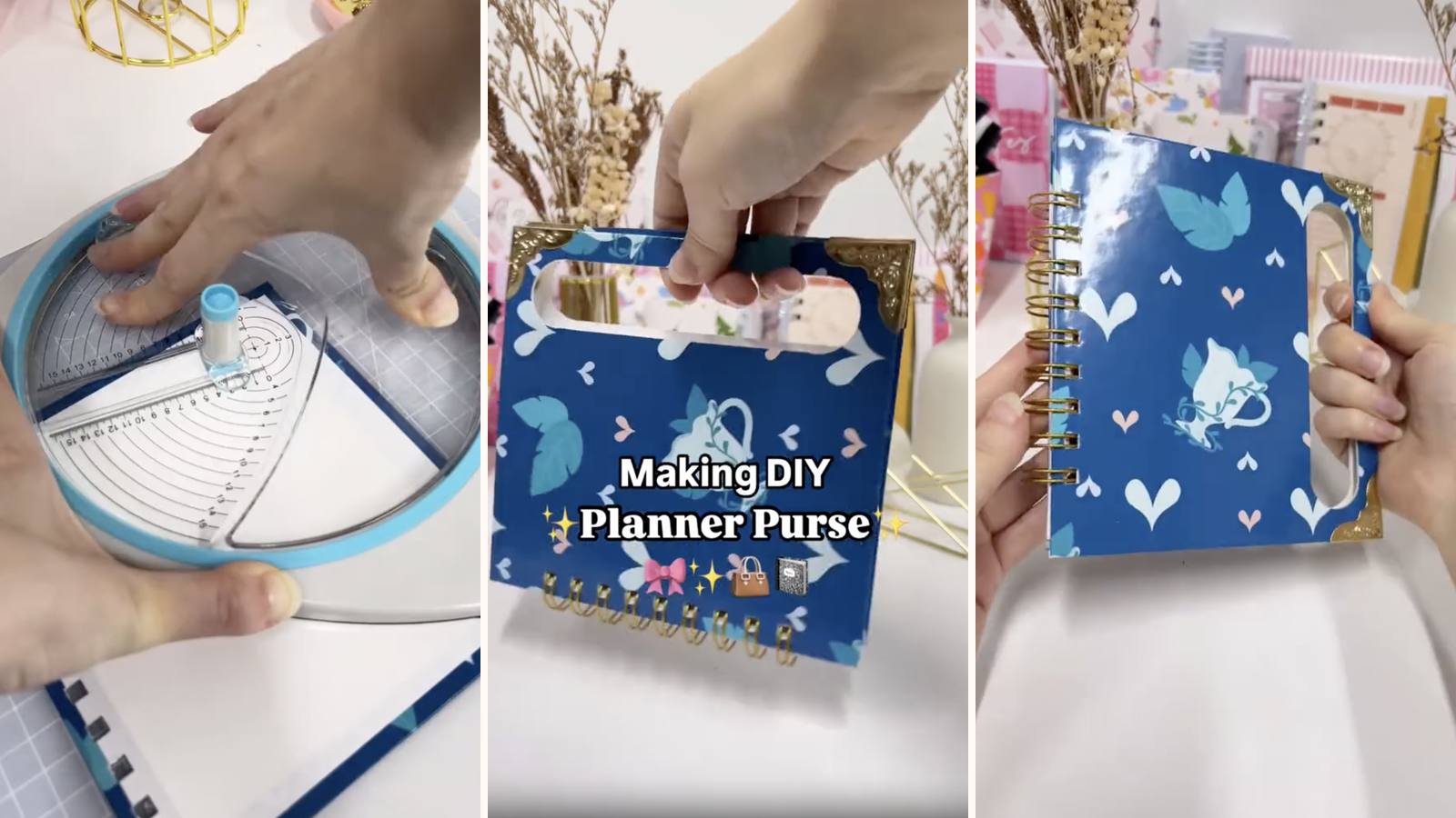 Making a DIY planner purse: the build in progress, the project title, and the finished wire-bound planner with a handle cut into its cover.