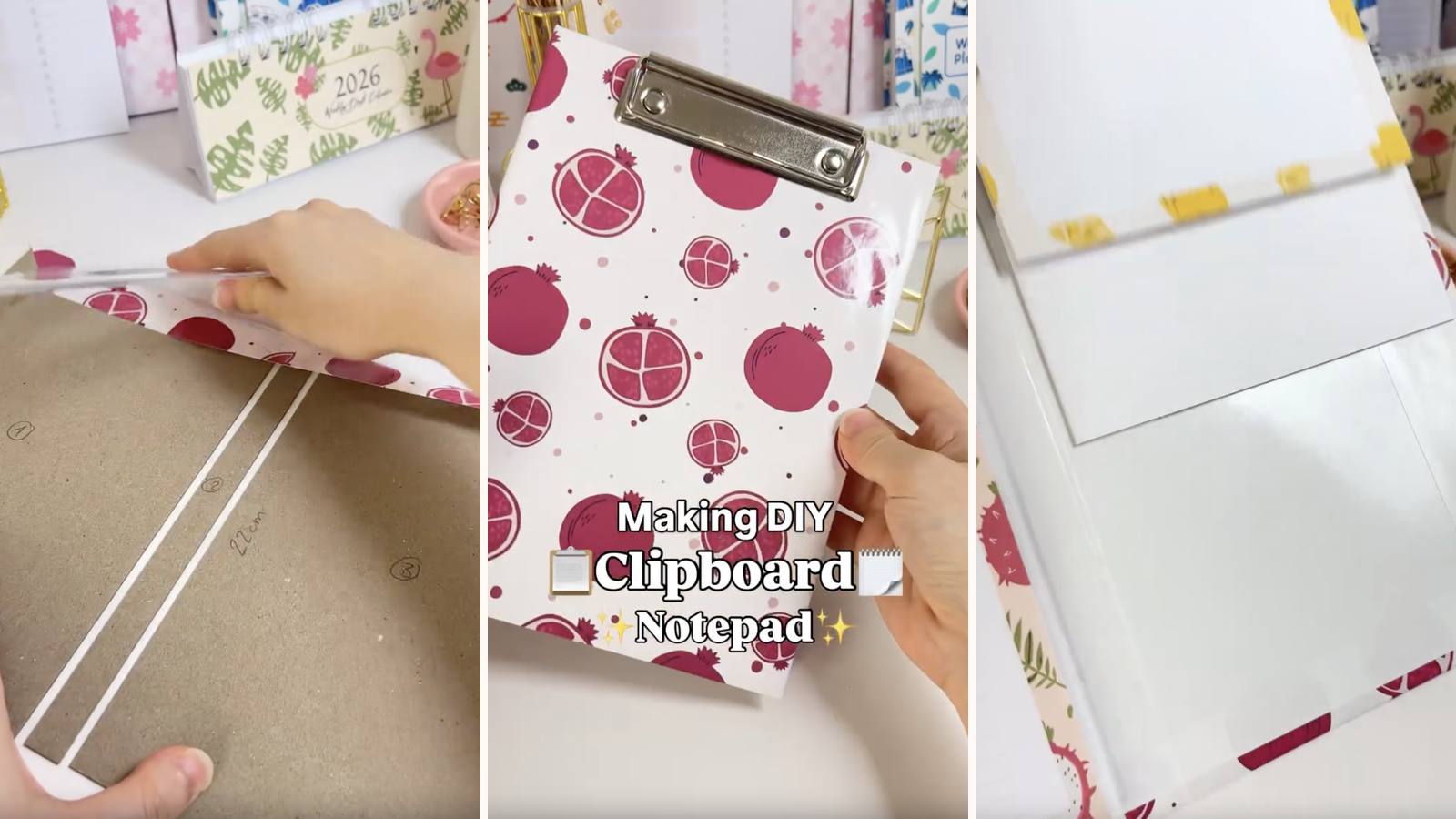 Making a DIY clipboard notepad: the build in progress, the project title, and the finished folding cover with its clip and refillable pad.