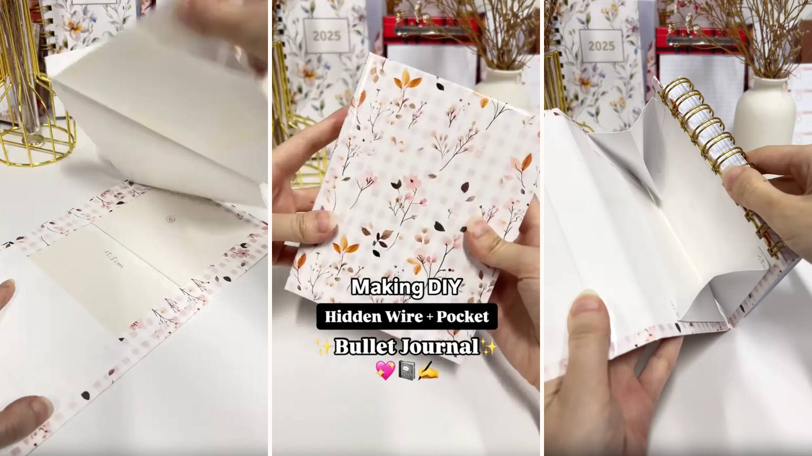Making a DIY pocket bullet journal: the build in progress, the project title, and the finished journal with hidden wire binding and cover pocket.