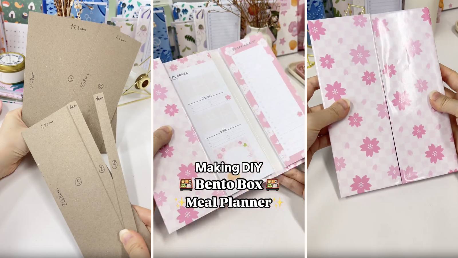 Making a DIY bentobox notepad: the build in progress, the project title, and the finished meal planner station with its notepad compartments.