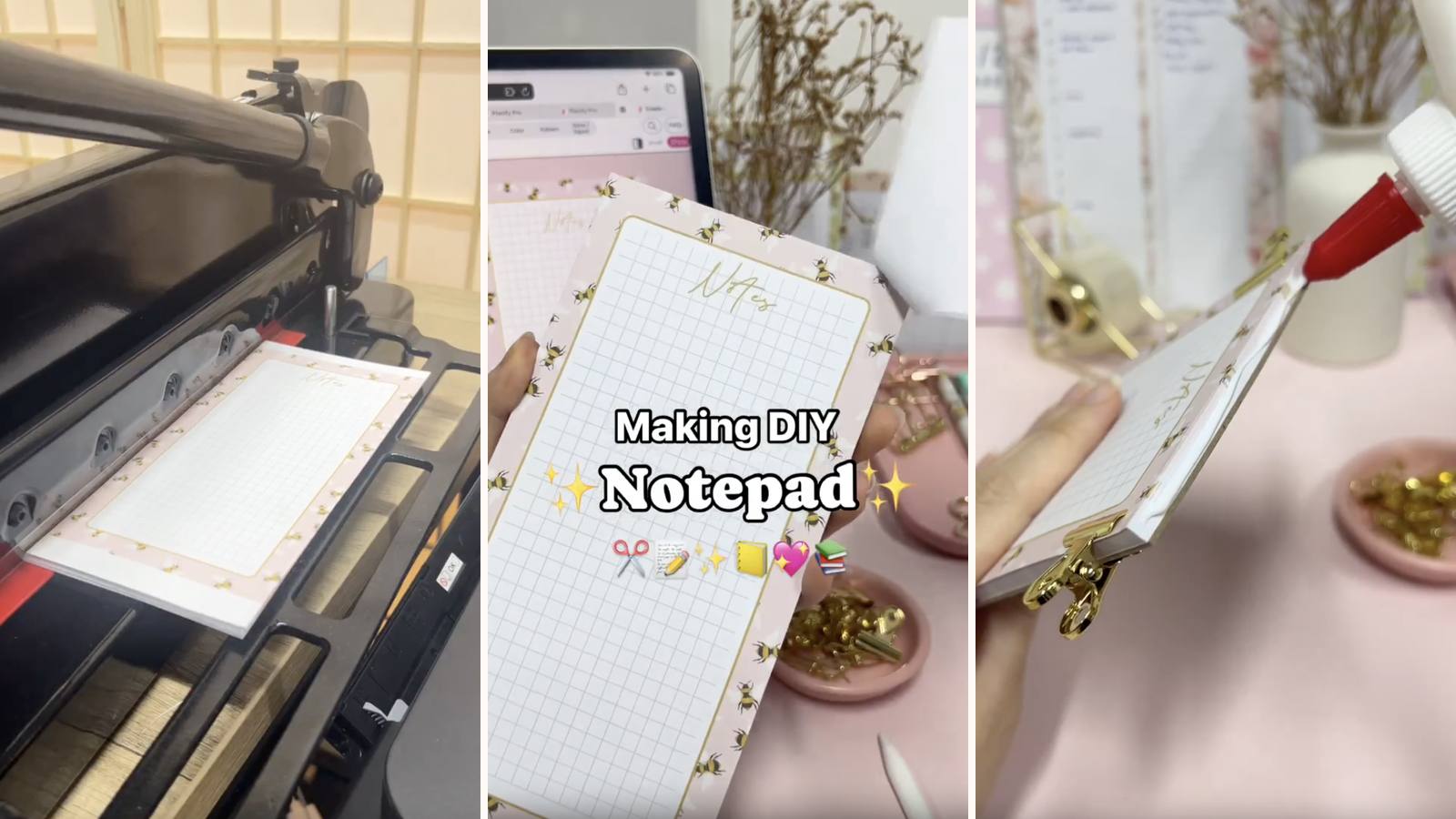 Making a DIY custom notepad: the build in progress, the project title, and the finished pink bee notepad on its chipboard backing.