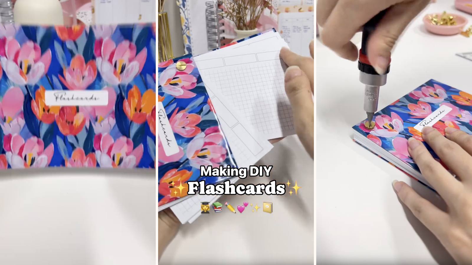 Making DIY flashcards: the build in progress, the project title, and the finished set of cards bound on a Chicago screw between chipboard covers.