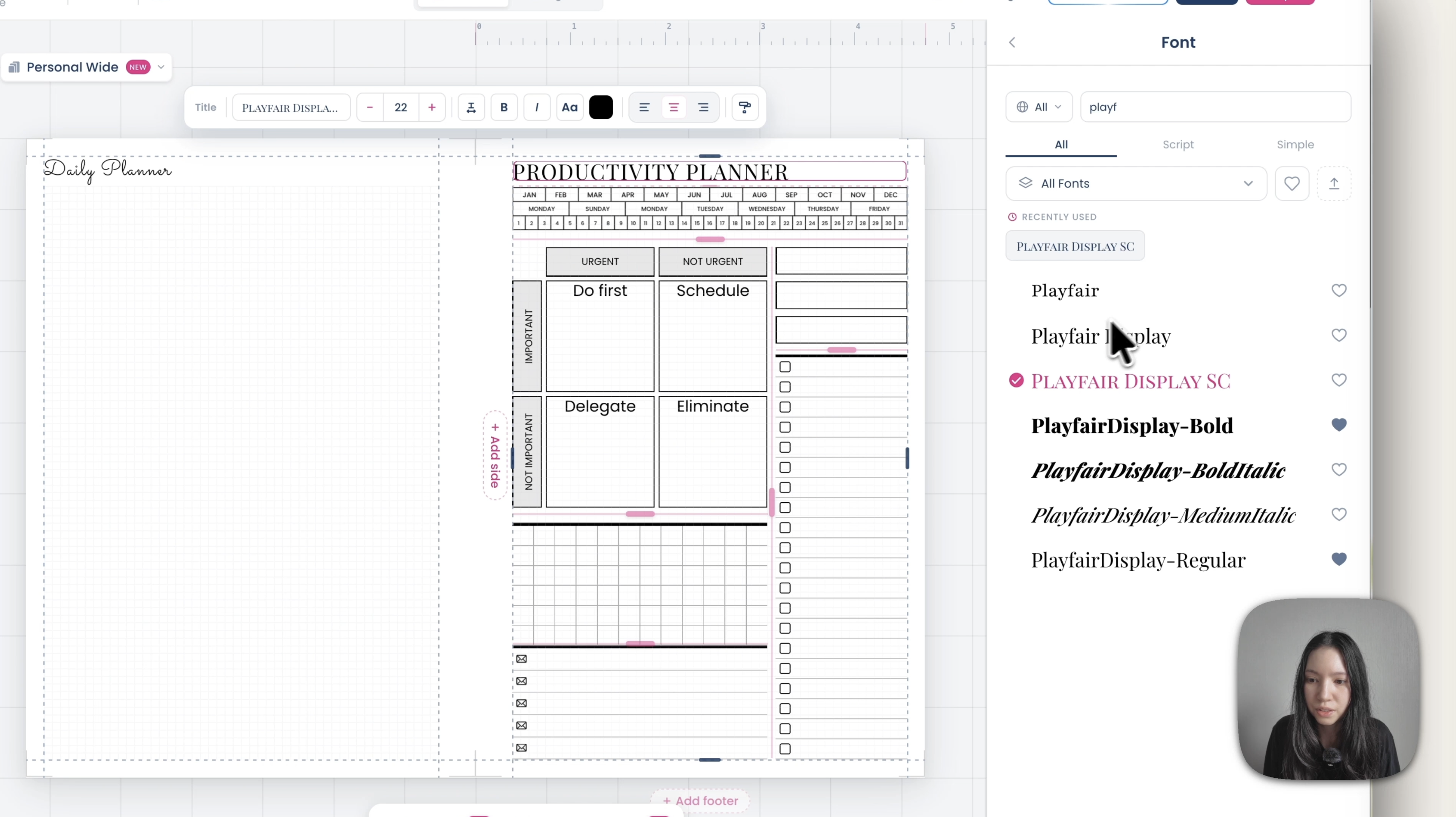 Título Productivity Planner en la tipografía Playfair centrado en la parte superior de la página