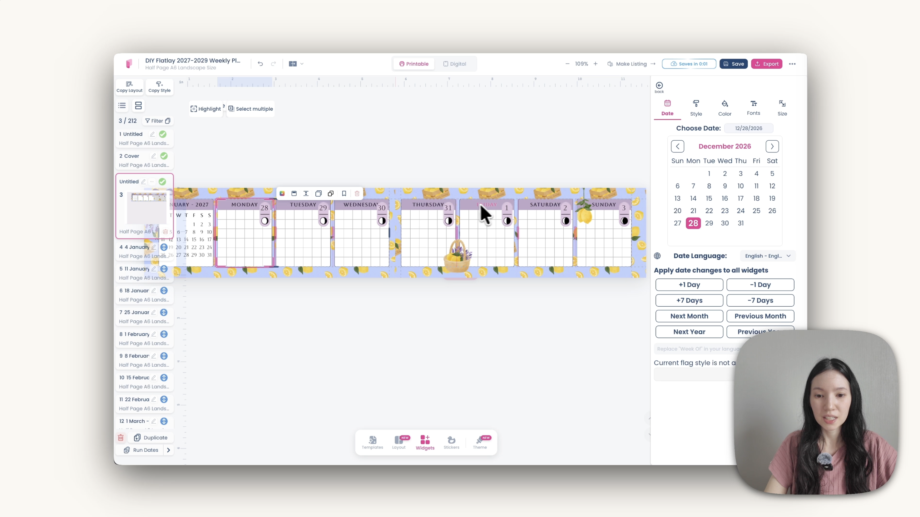 The date panel showing the first planner page starting Monday 28 December 2026