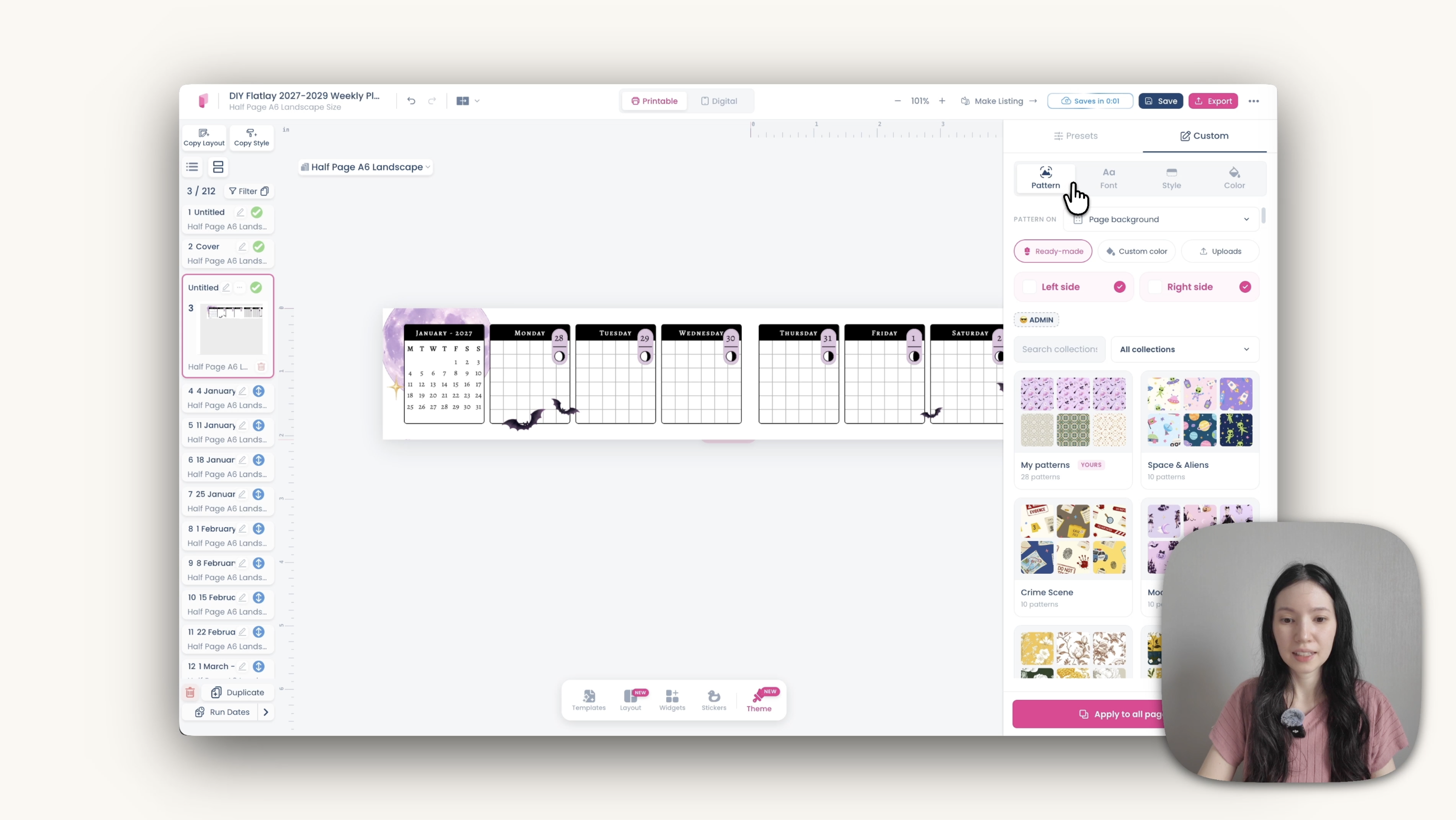 Choosing a background pattern for the planner under Theme, Custom, Pattern