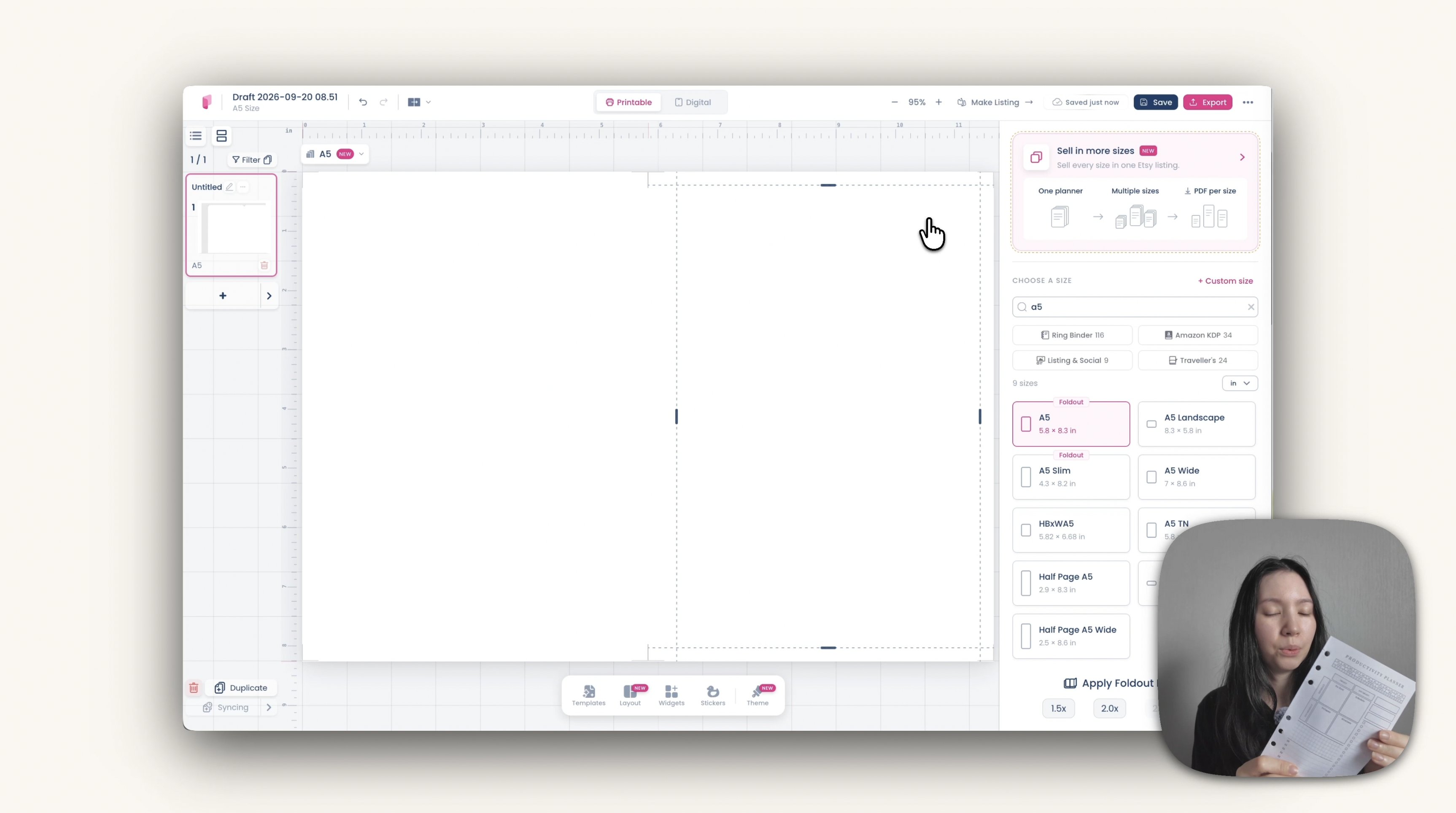 Menú de tamaños de Planify Pro con el tamaño Personal Wide seleccionado