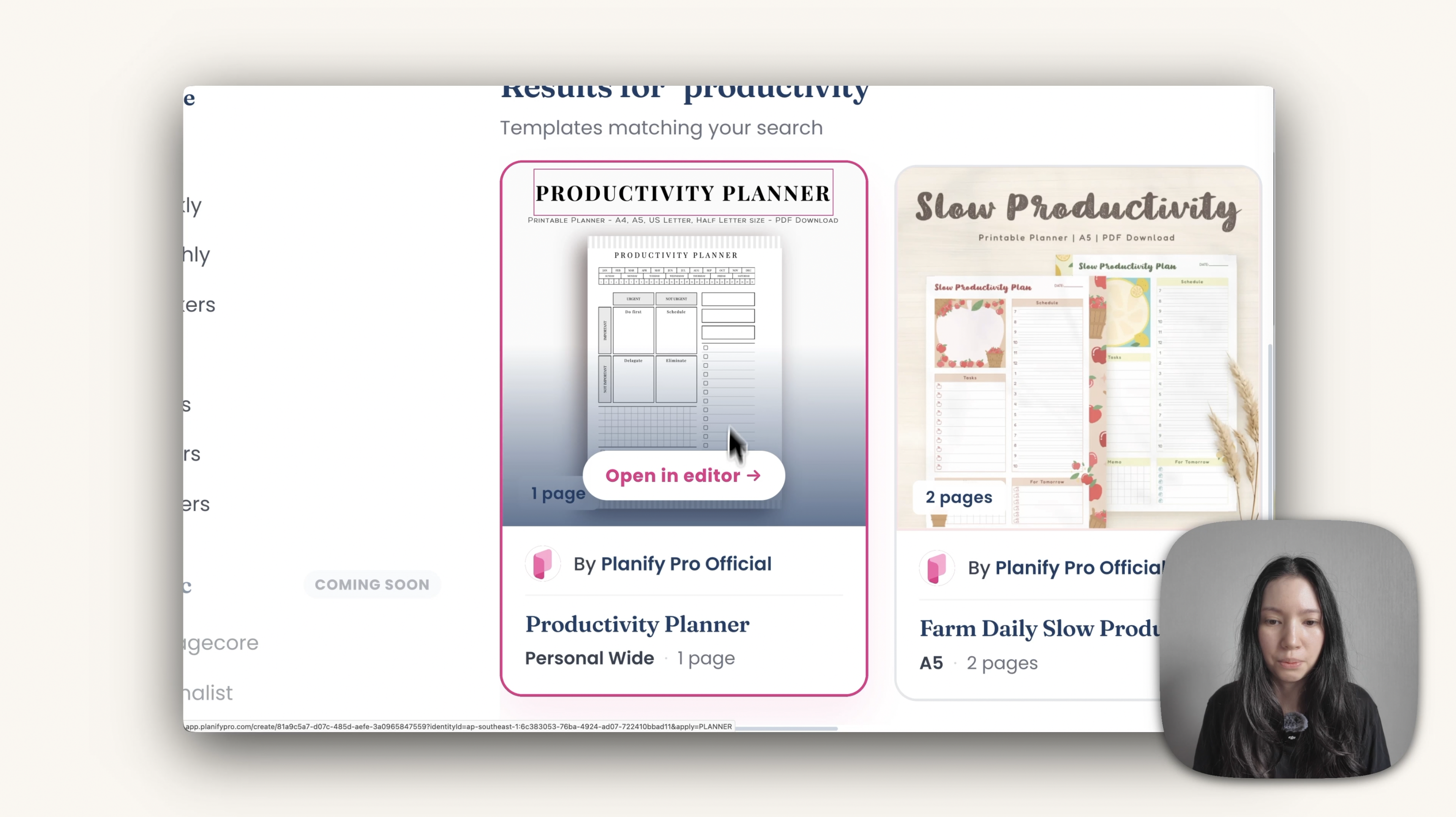 Página Explore de Planify Pro con la búsqueda productivity y la plantilla Productivity Planner entre los resultados