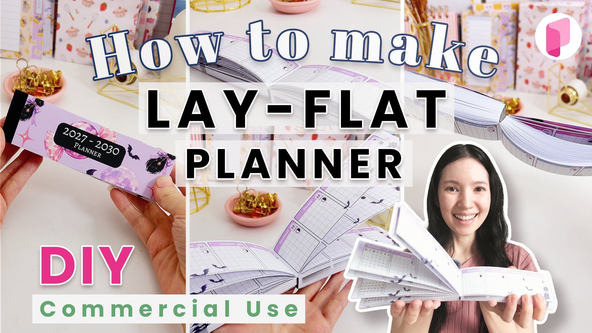 A finished DIY lay-flat planner lying open completely flat
