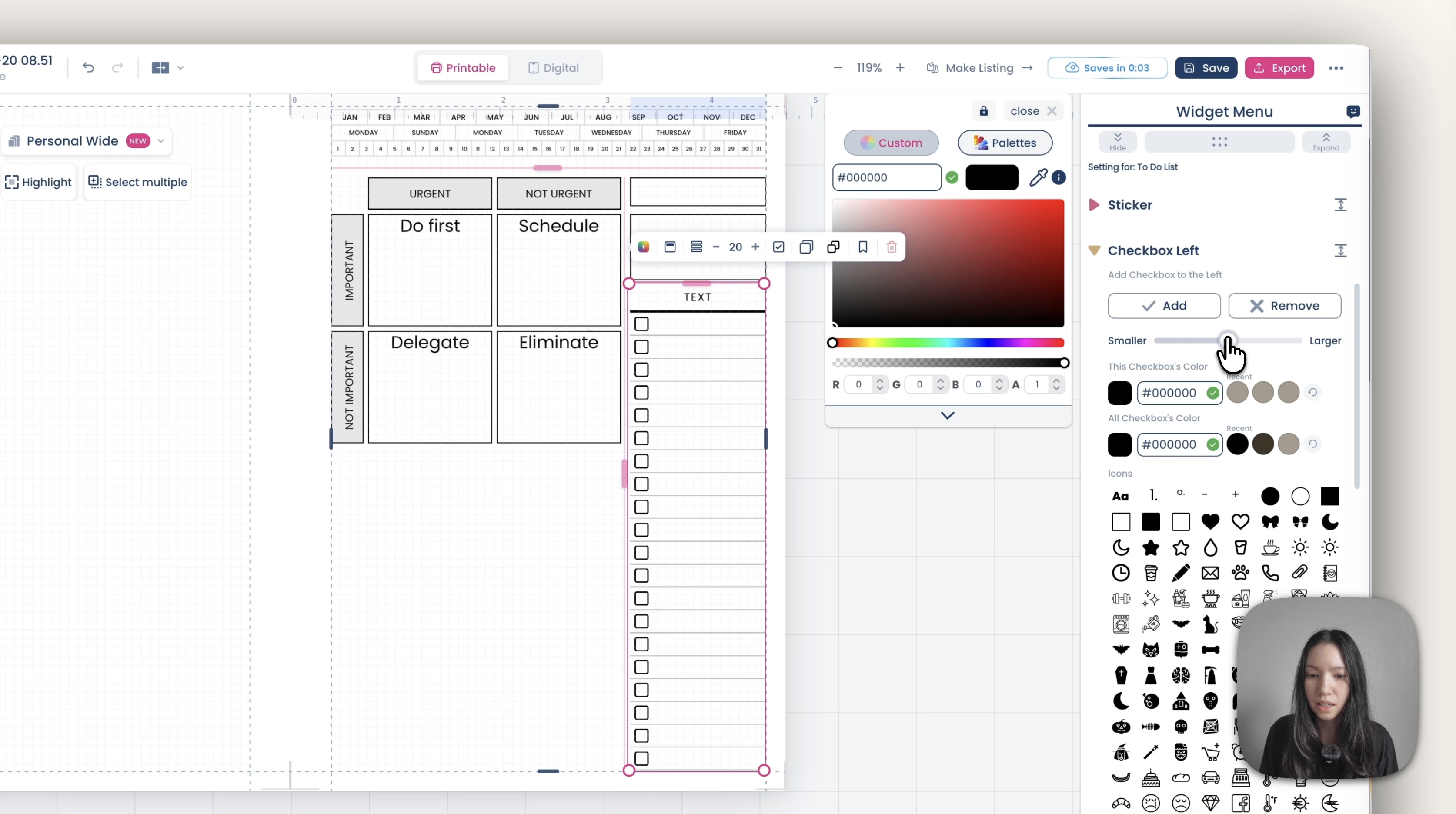 Widget To-do con casillas cuadradas negras y el encabezado oculto