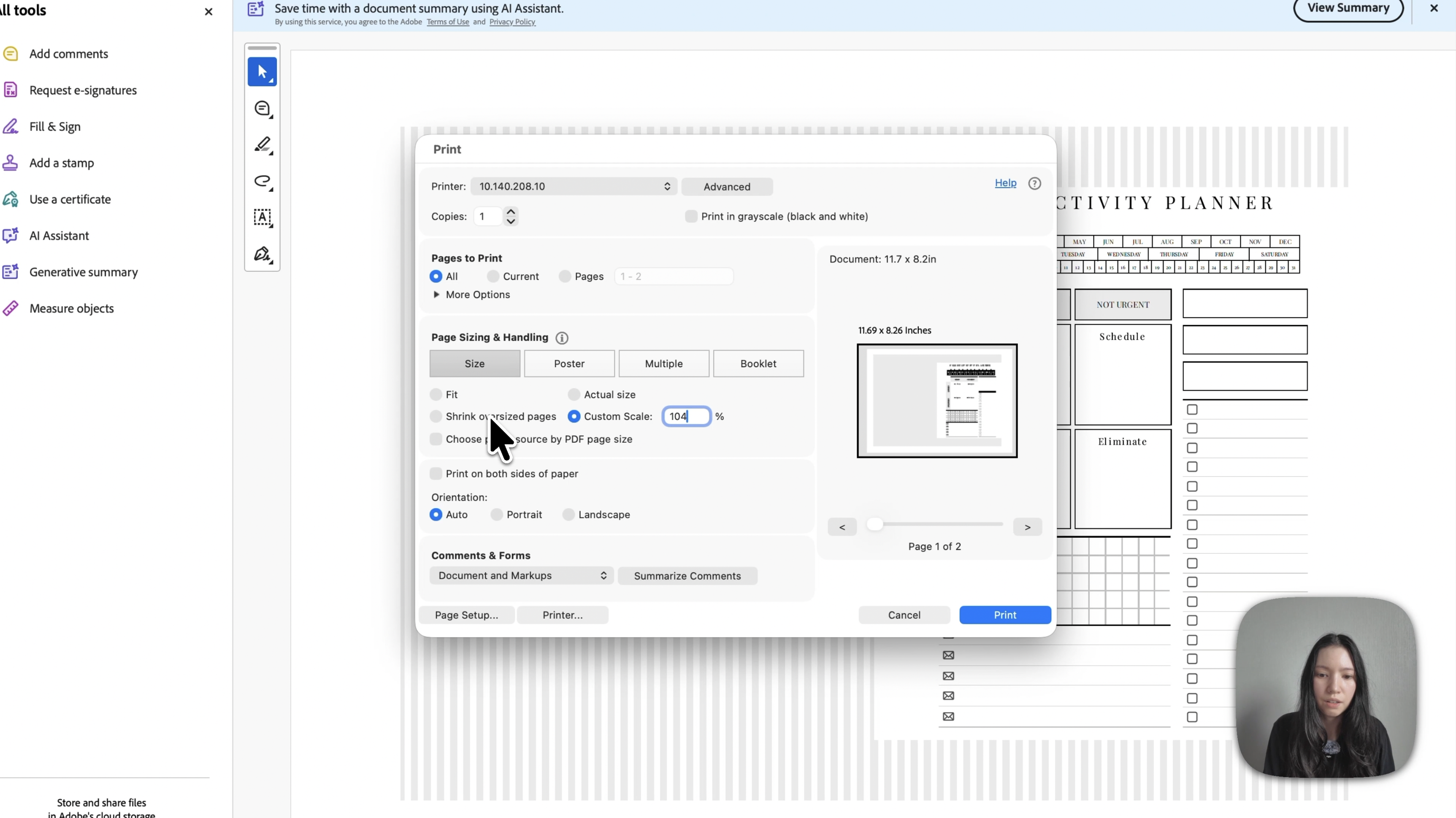 Cuadro de impresión de Adobe Acrobat para la portada del bloc con una escala personalizada del 104 por ciento
