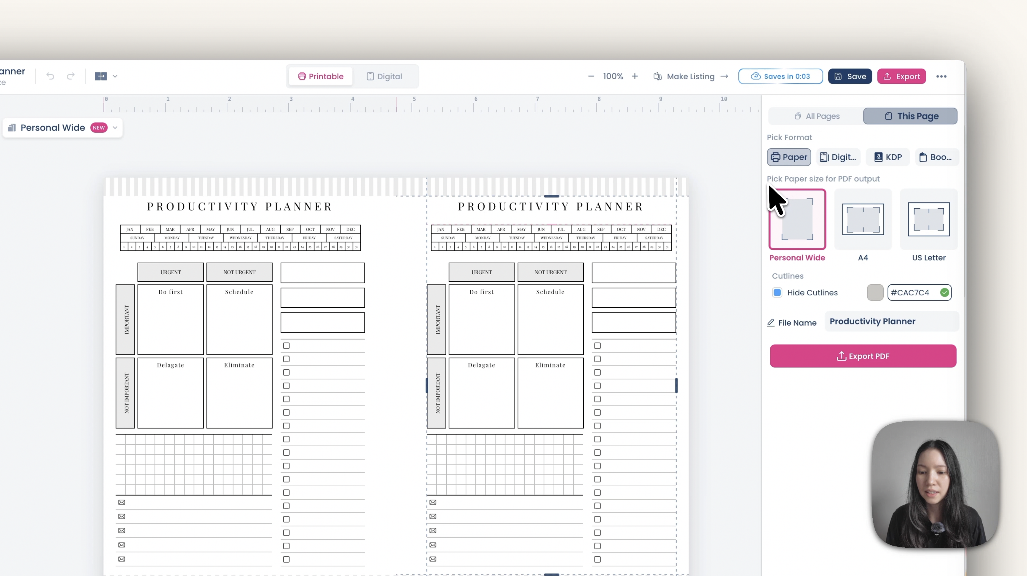 Menú de exportación de Planify Pro con la opción de páginas individuales seleccionada