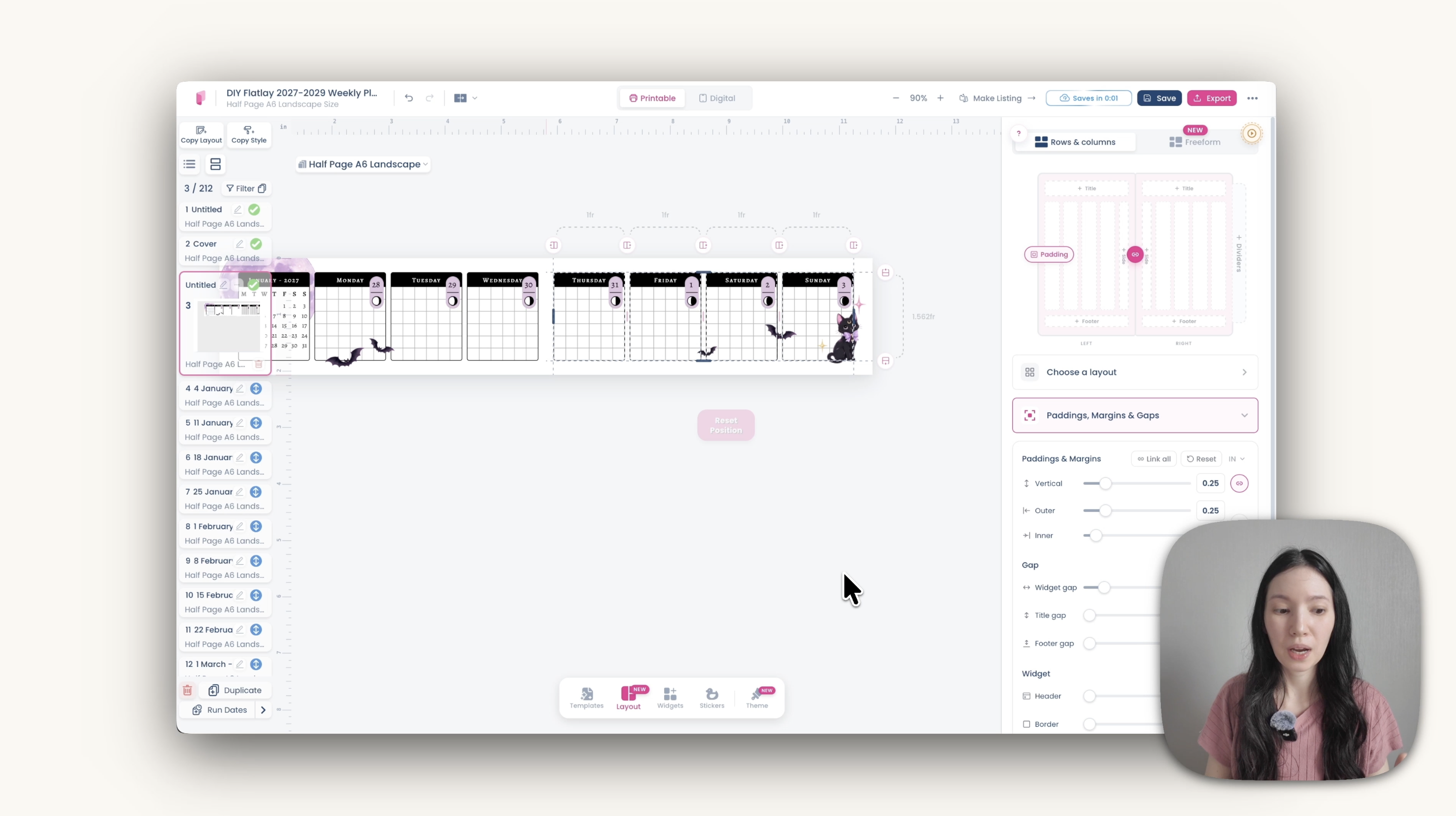 The Freeform and Rows and columns toggle in Planify Pro, with padding and gap settings open