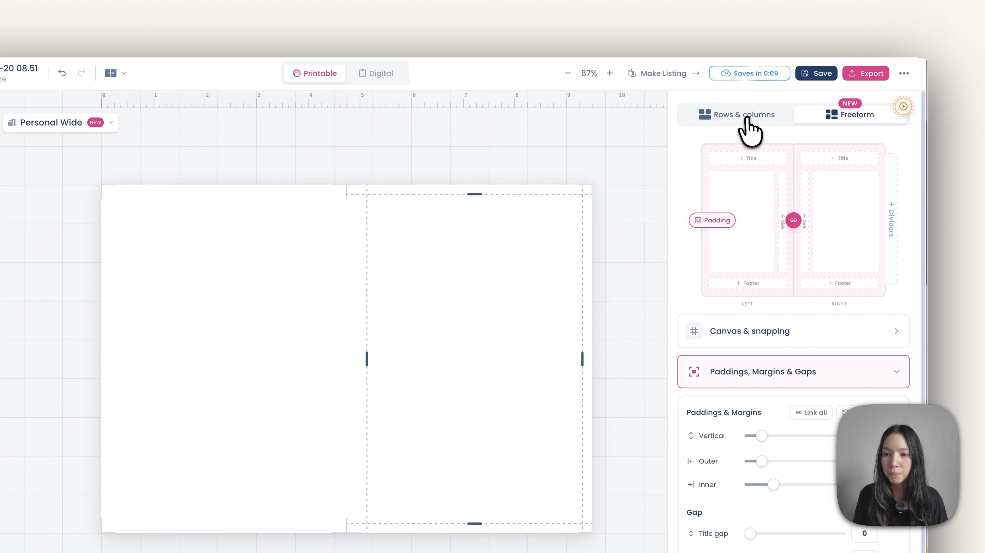 Menú de diseño de Planify Pro con el editor Freeform seleccionado