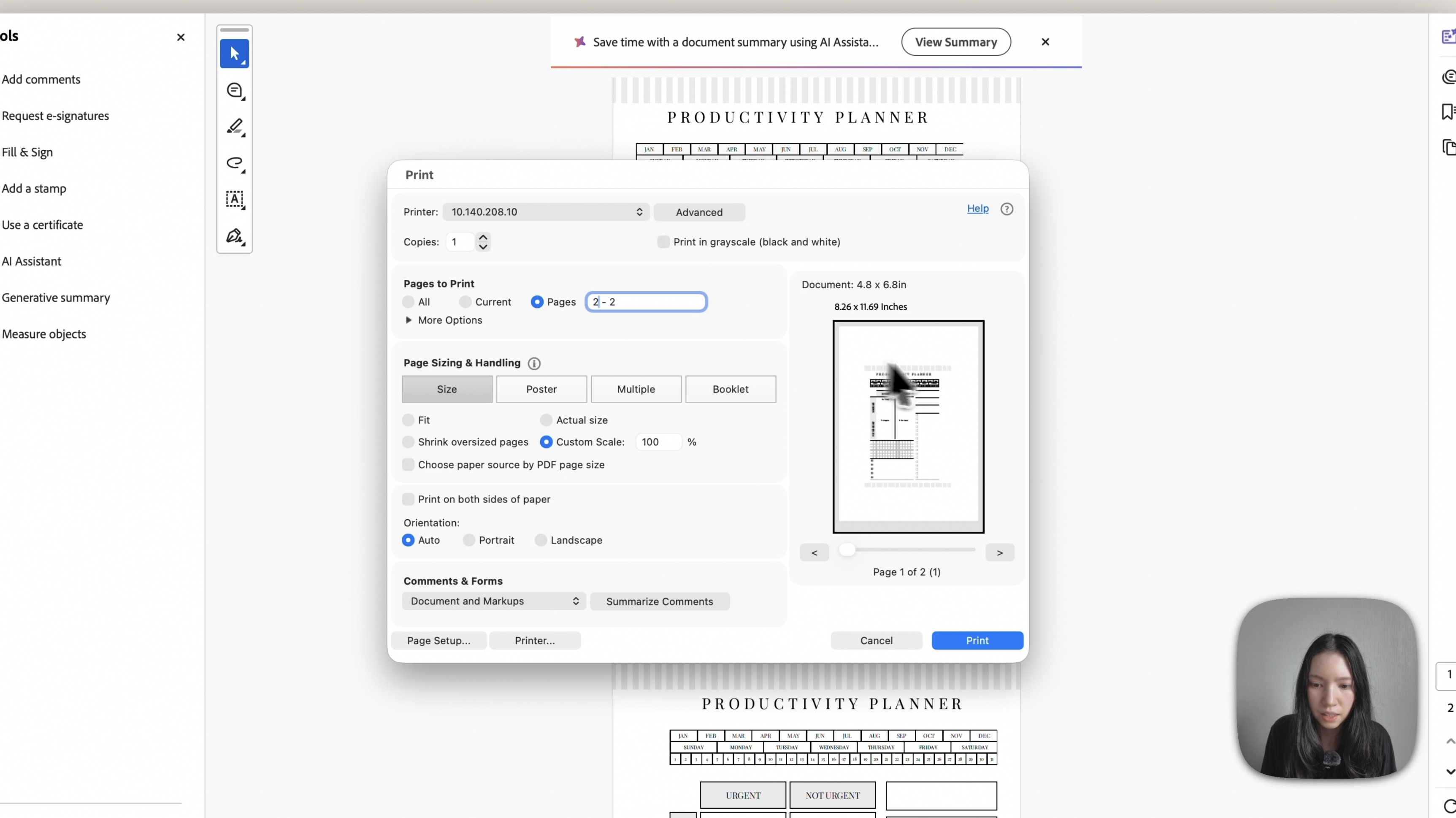 Cuadro de impresión de Adobe Acrobat para los insertos con escala personalizada al 100 por ciento y la página 2 de 2