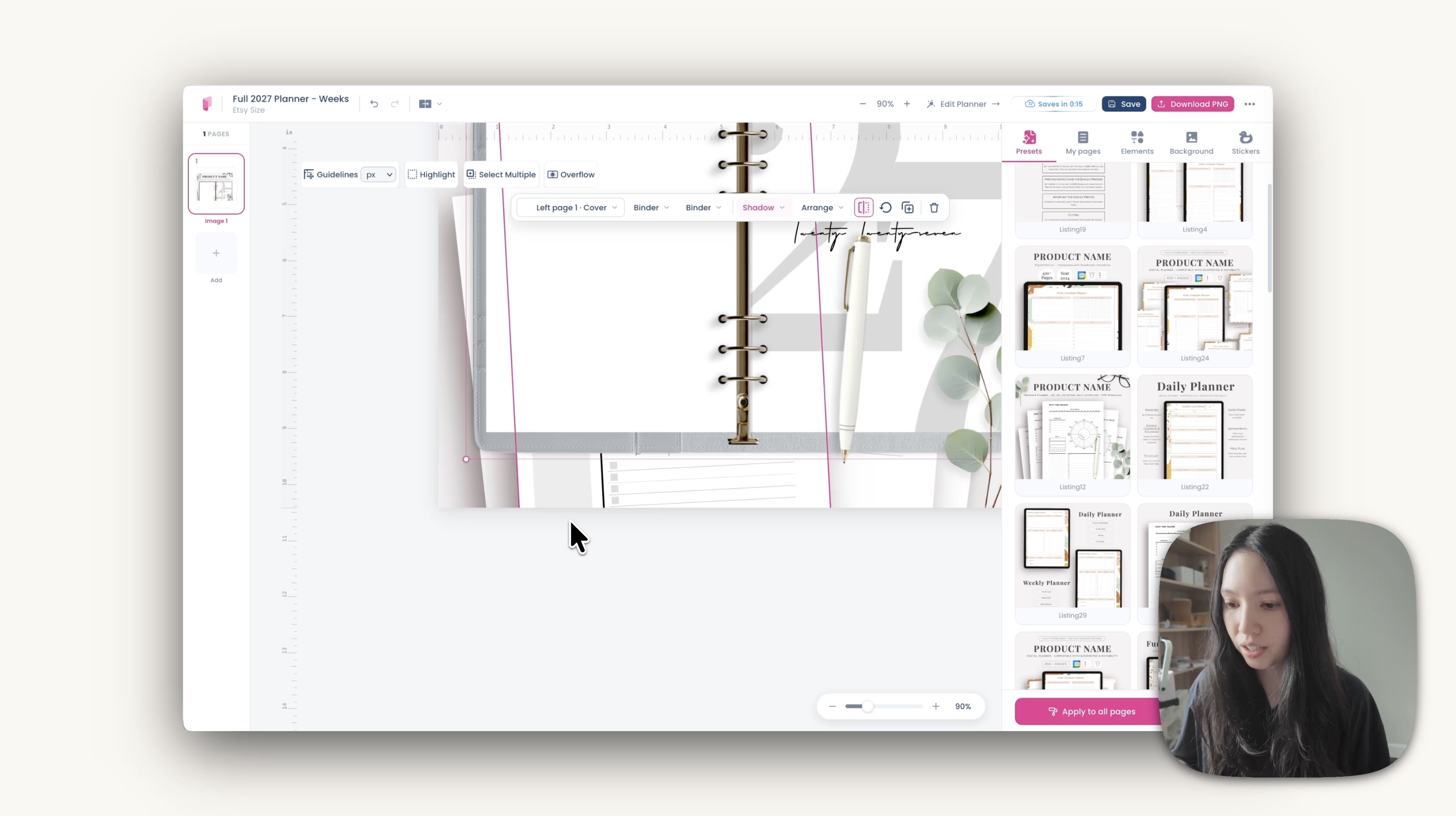 The shadow menu open, adding a paper drop shadow beneath a planner page