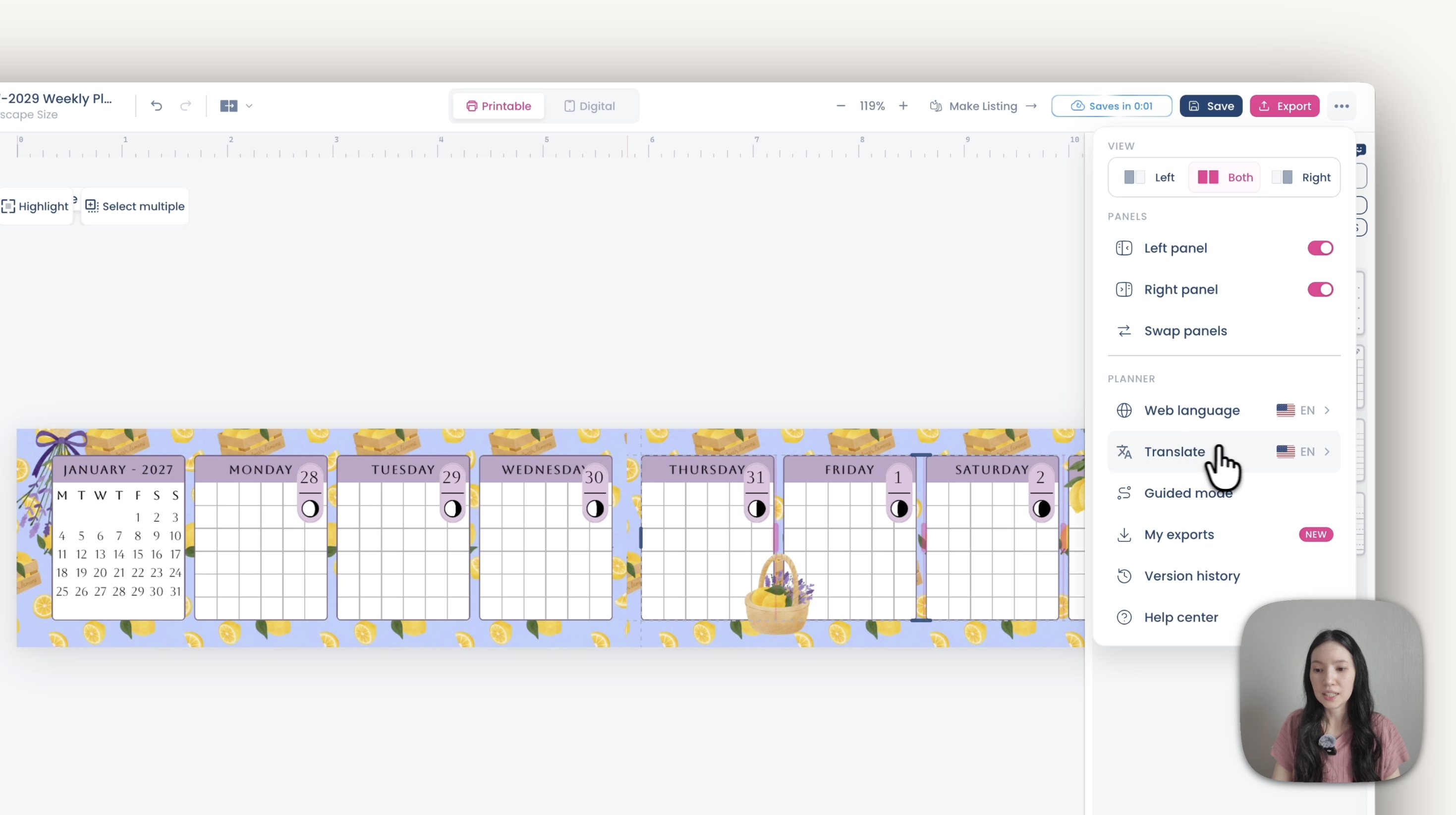 Opening Translate from the planner menu to change the planner language