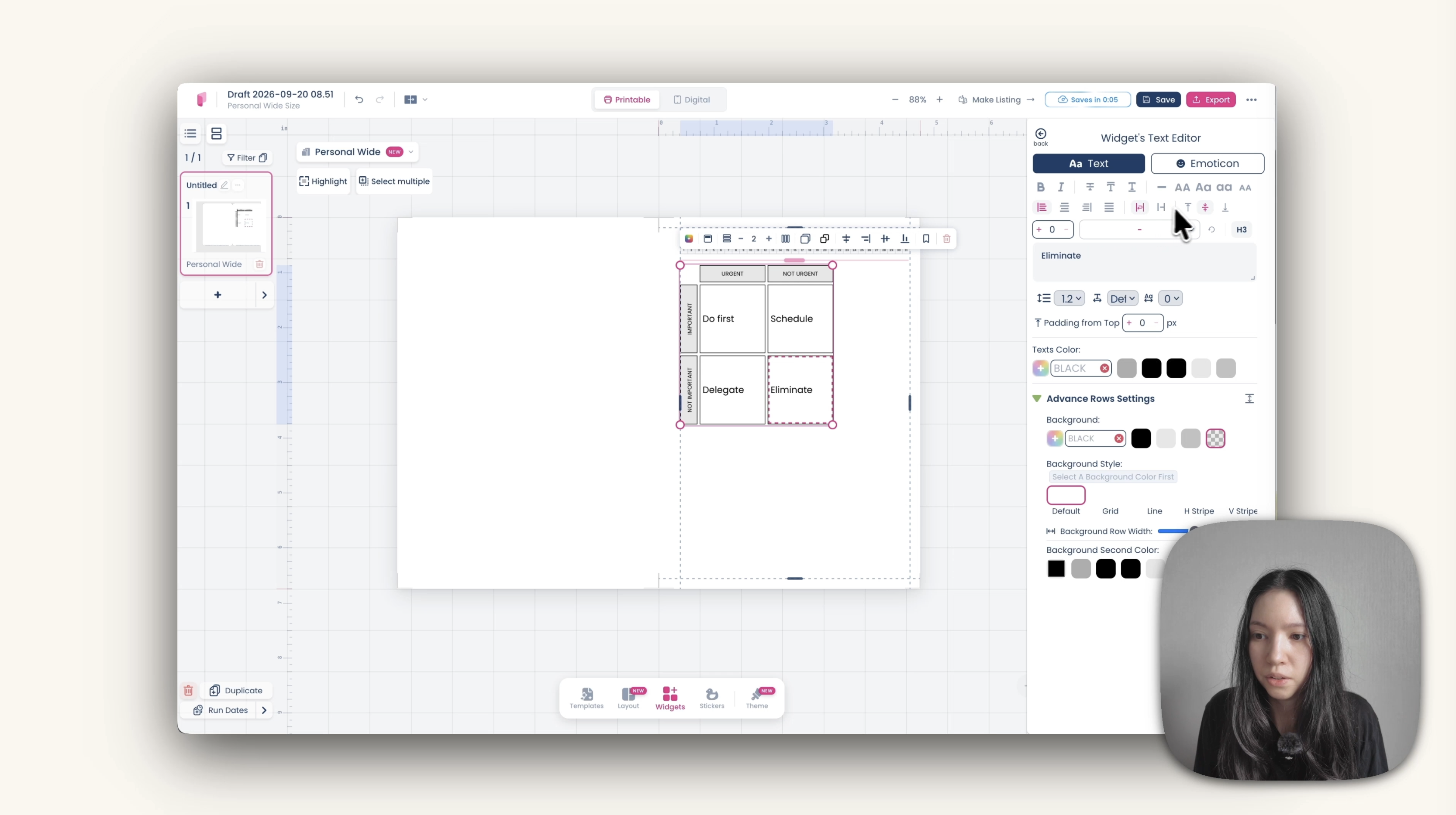 Widget Metrics configurado como matriz de prioridades de Eisenhower con Hacer primero, Programar, Delegar y Eliminar