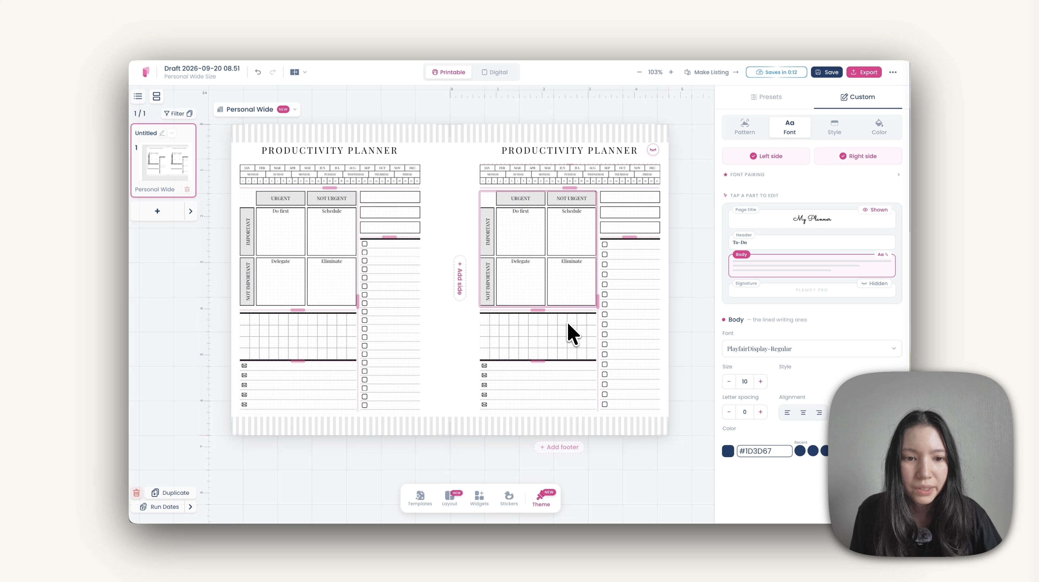 Planificador de productividad terminado mostrando las páginas izquierda y derecha en Planify Pro