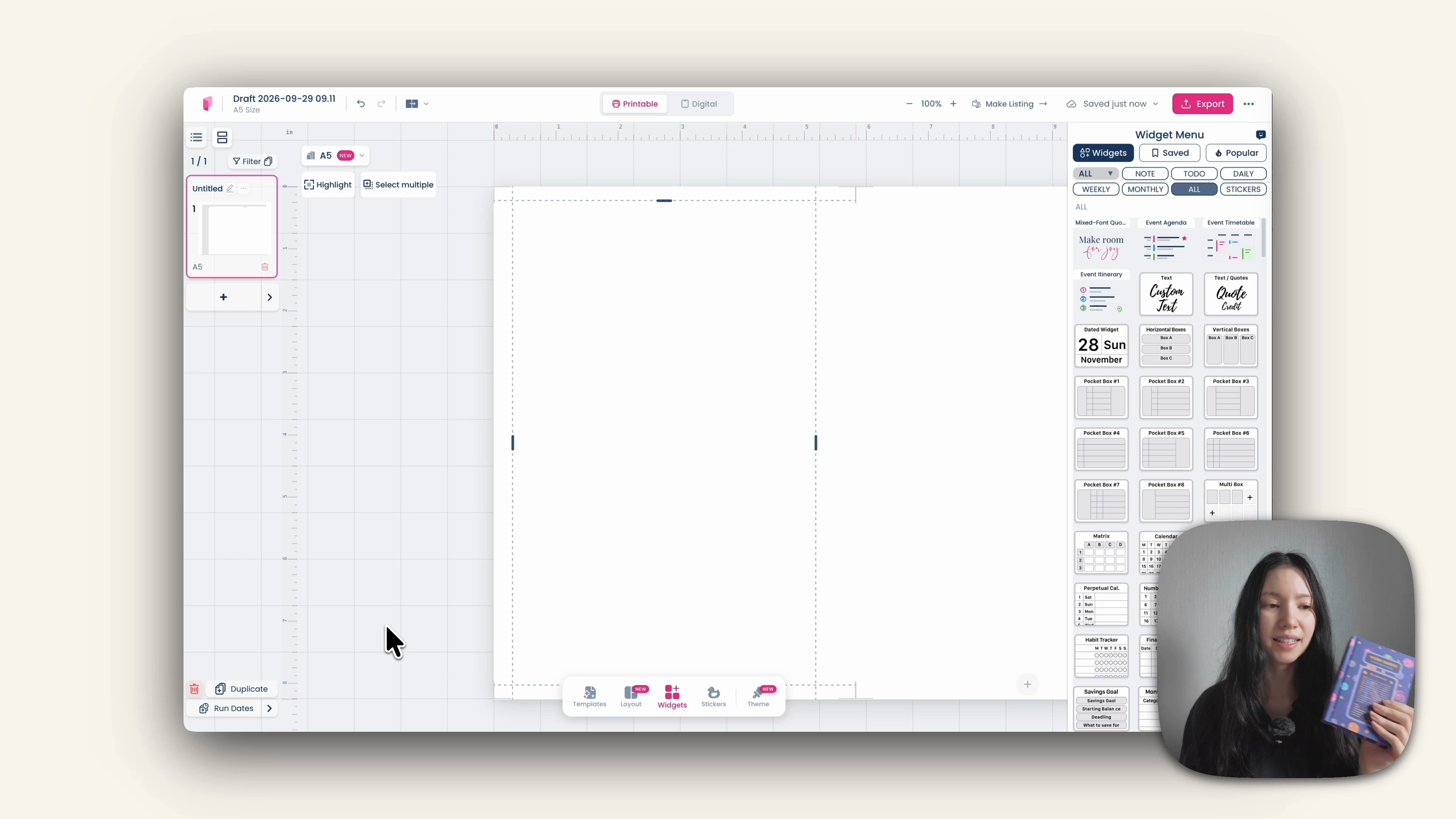 A6 size selected in the Planify Pro size menu
