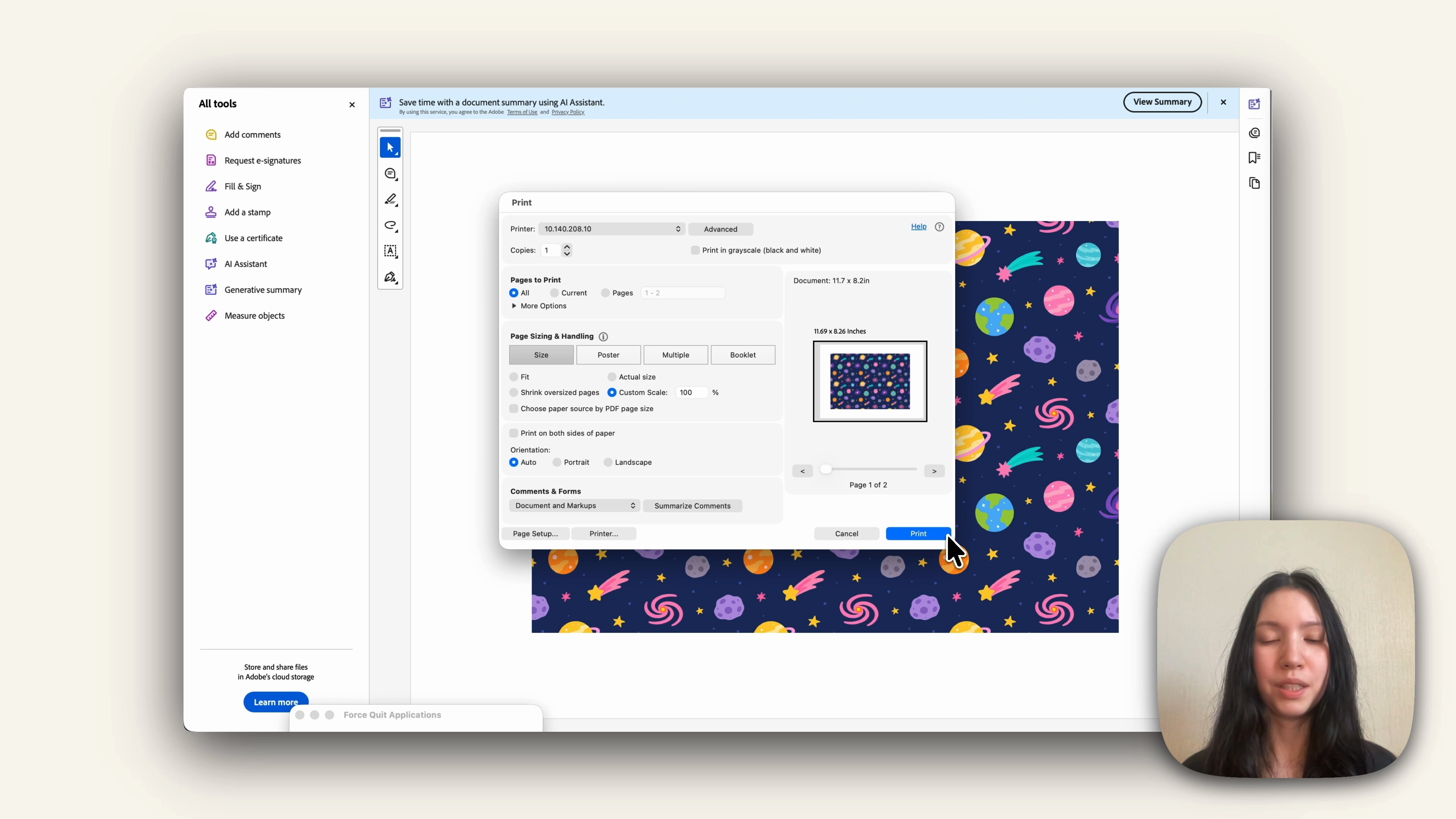 Print dialog with custom scale set to 104 percent for the back of the inside cover