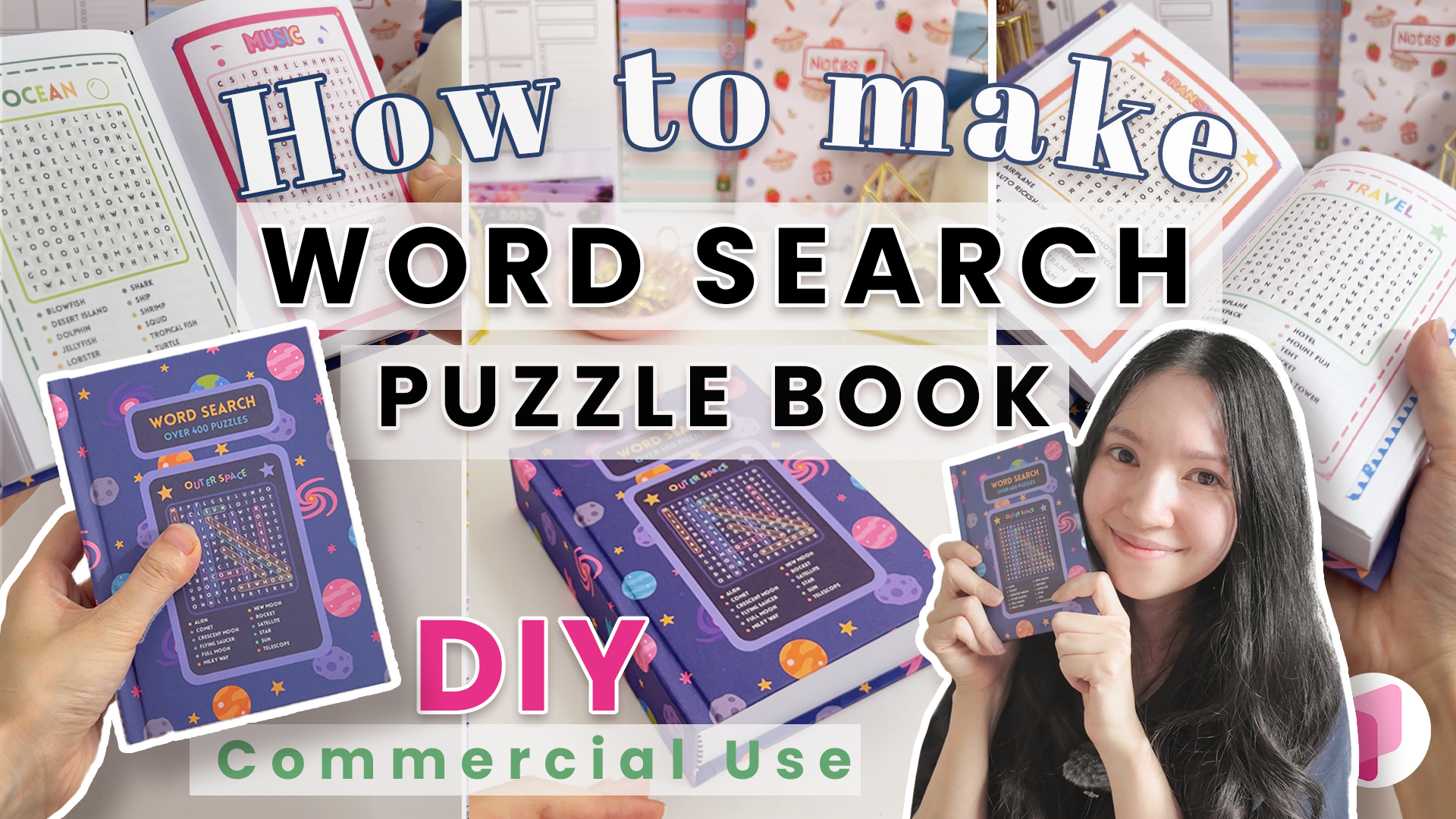 Finished hardbound DIY word search puzzle book with a printed cover