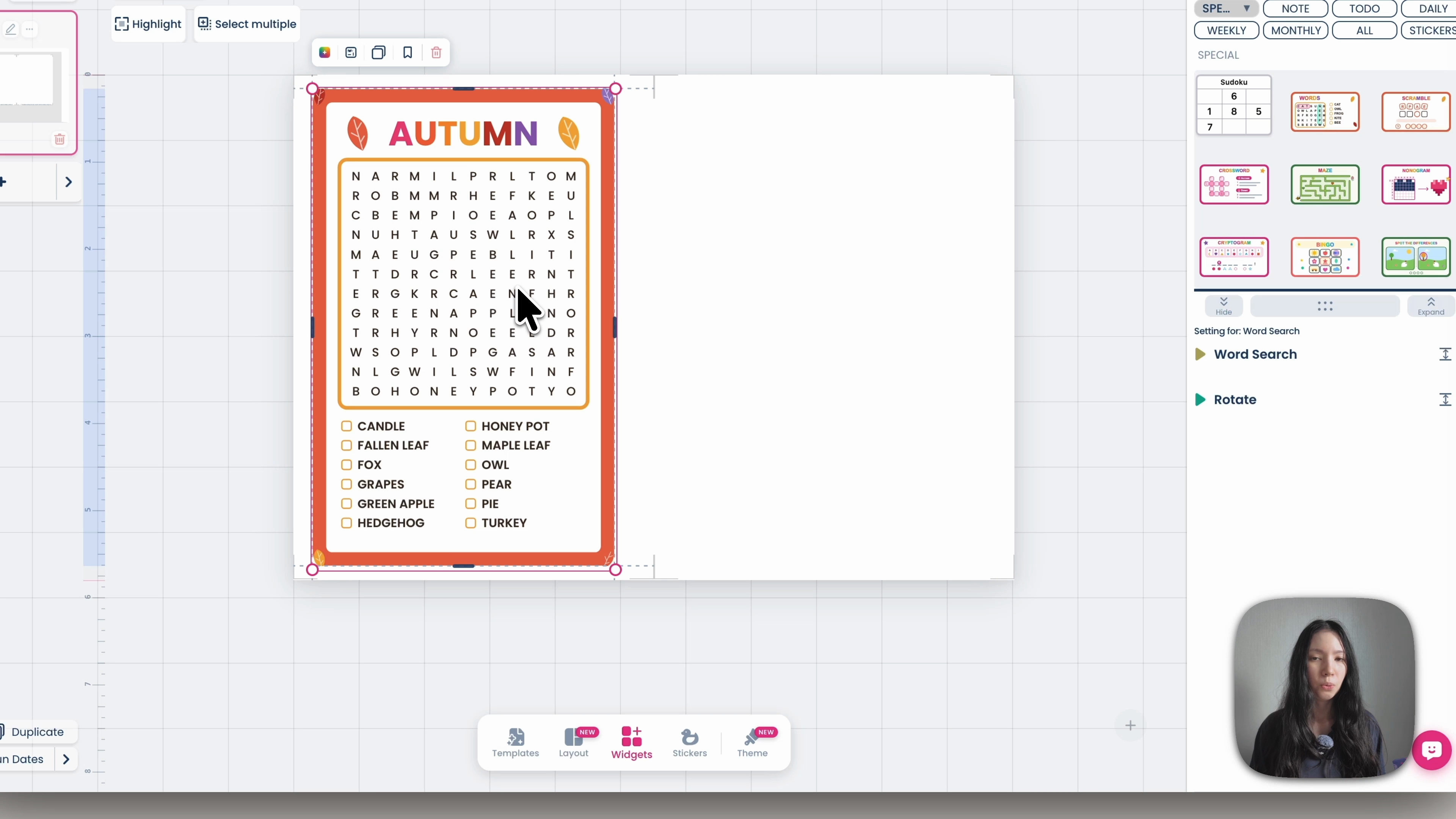 Word Search widget settings with language, theme and difficulty options