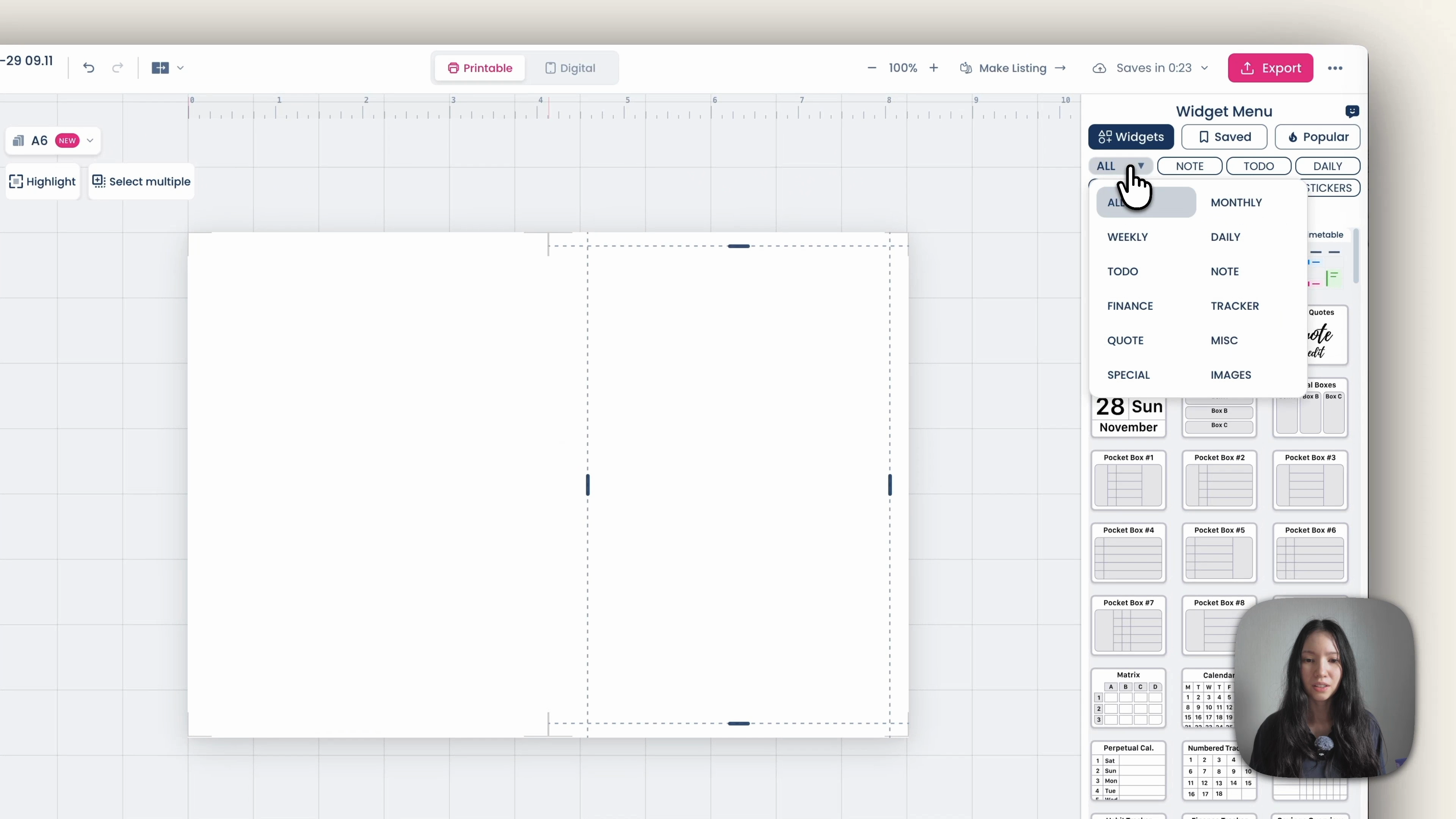 Special category in the Planify Pro widget menu showing the puzzle widgets