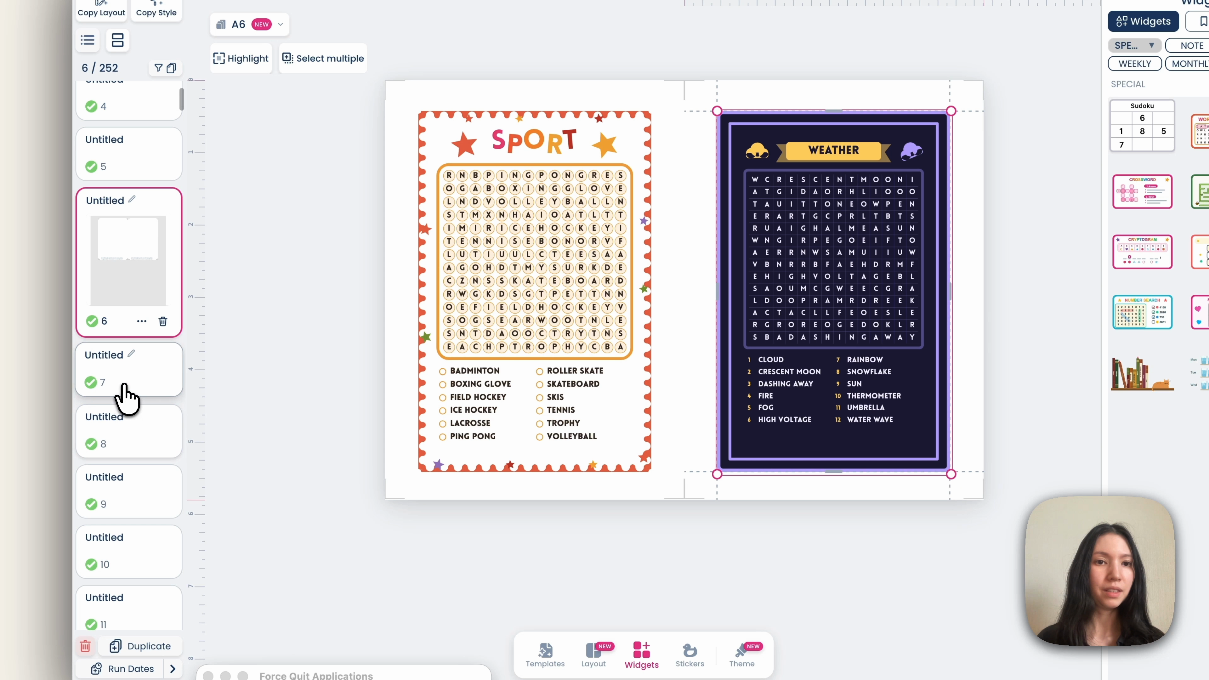 Scrolling through planner pages, each showing a different word search puzzle