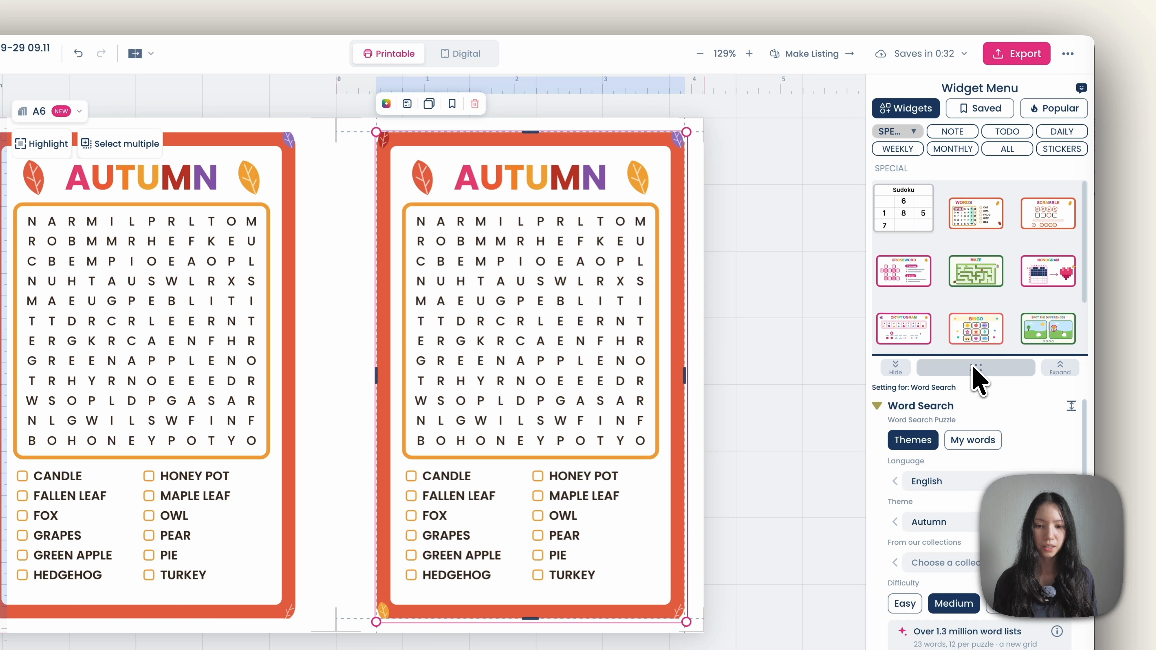 Two word search widgets stretched across the left and right pages of the spread