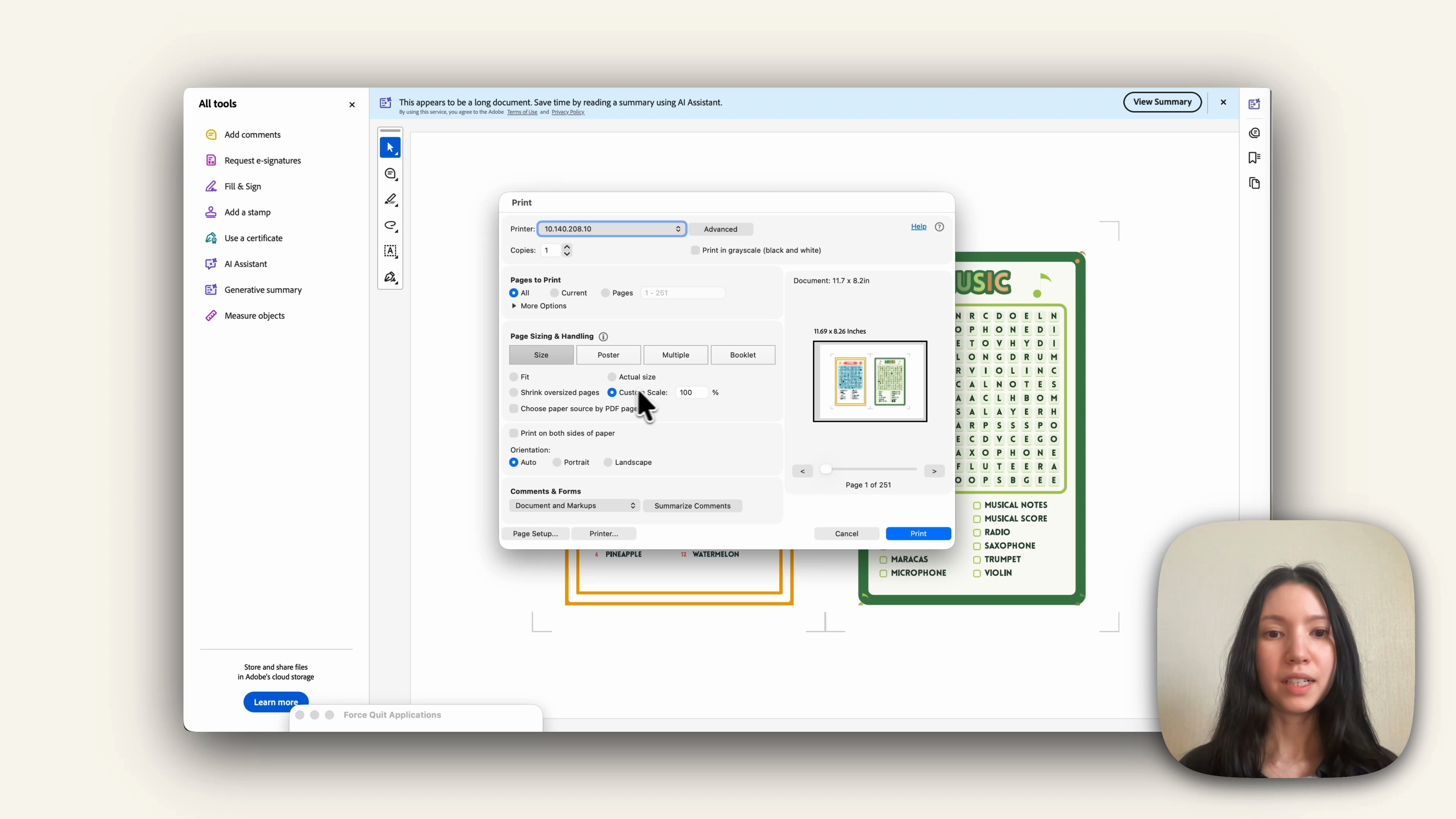 Adobe Acrobat print dialog set to custom scale 100 percent with short edge duplex printing