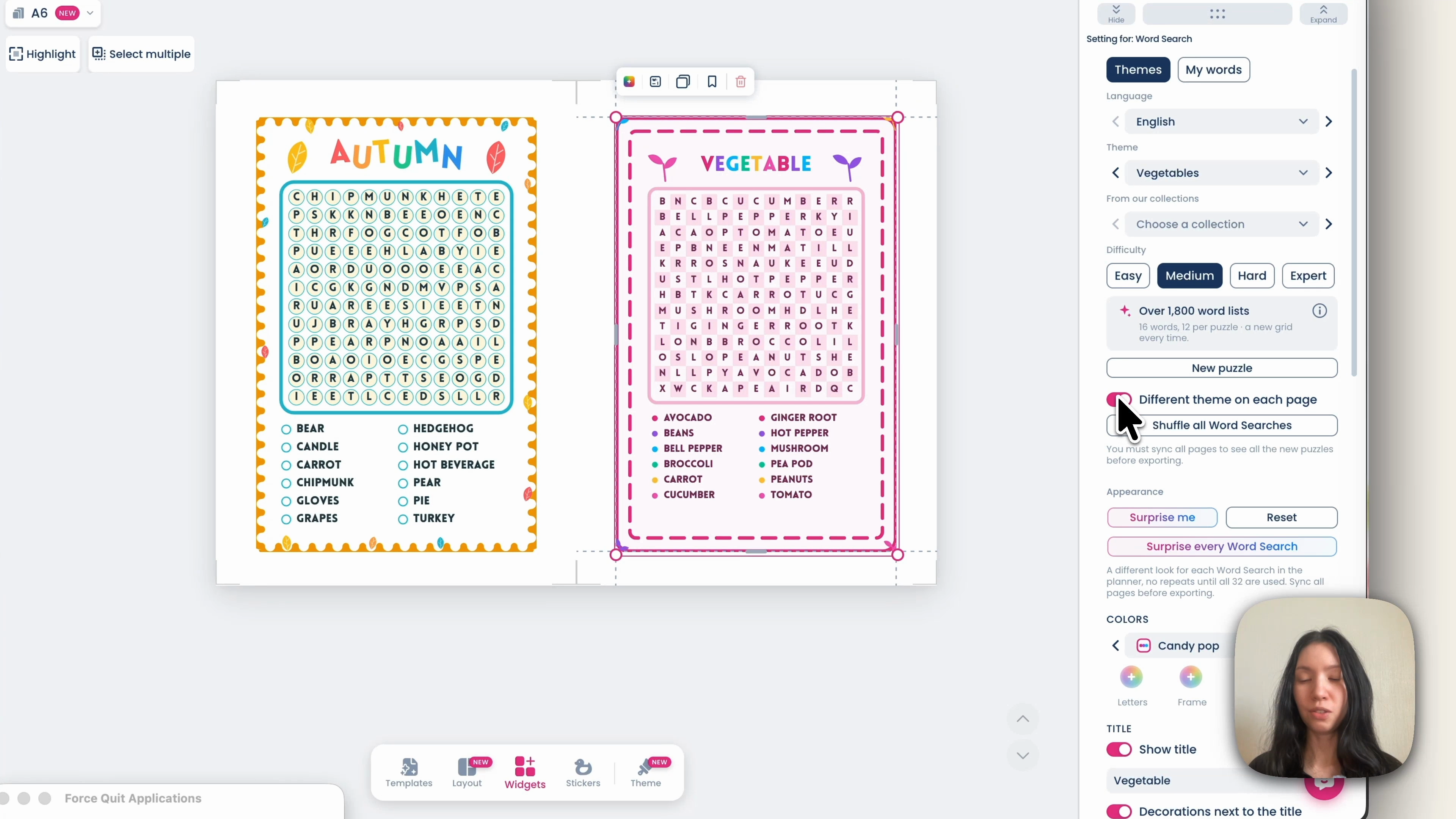Different theme on each page switched on next to shuffle all word searches